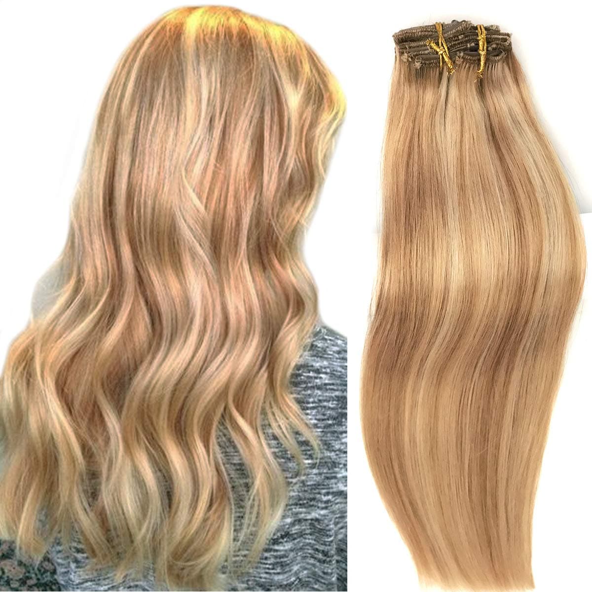 Clip in Human Hair Extensions with Strawberry Blonde Highlight Dip Dyed Balayage Ombre Hair Clip on Silky Straight Soft Thickened Double Weft Remy Real Hair Extension 7Pcs 120G Full Head 22" for Women