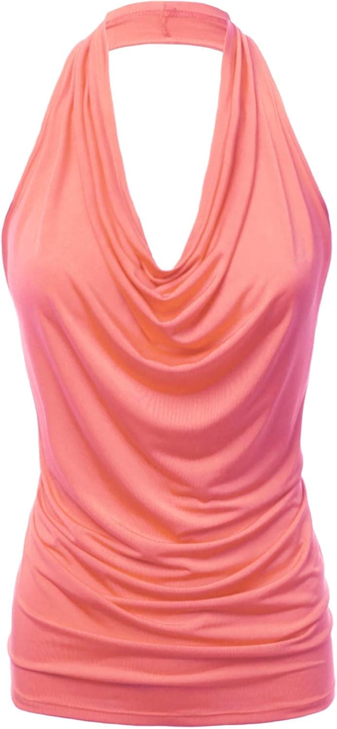 FASHIONOLIC Women's Halter Neck Front Draped Backless Tank Top Made in USA (S-3XL)