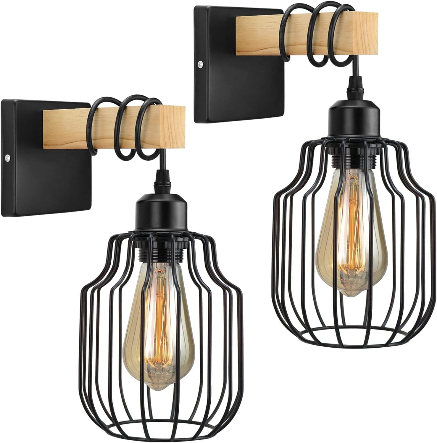 Wall Sconces Set of Two, Vintage Wooden Wall Sconce, Industrial Wire Cage Wall Sconce, Farmhouse Wall Light Fixtures, Black Wall Lamp for Bedroom Bathroom Living Room Hallway, 2-Pack