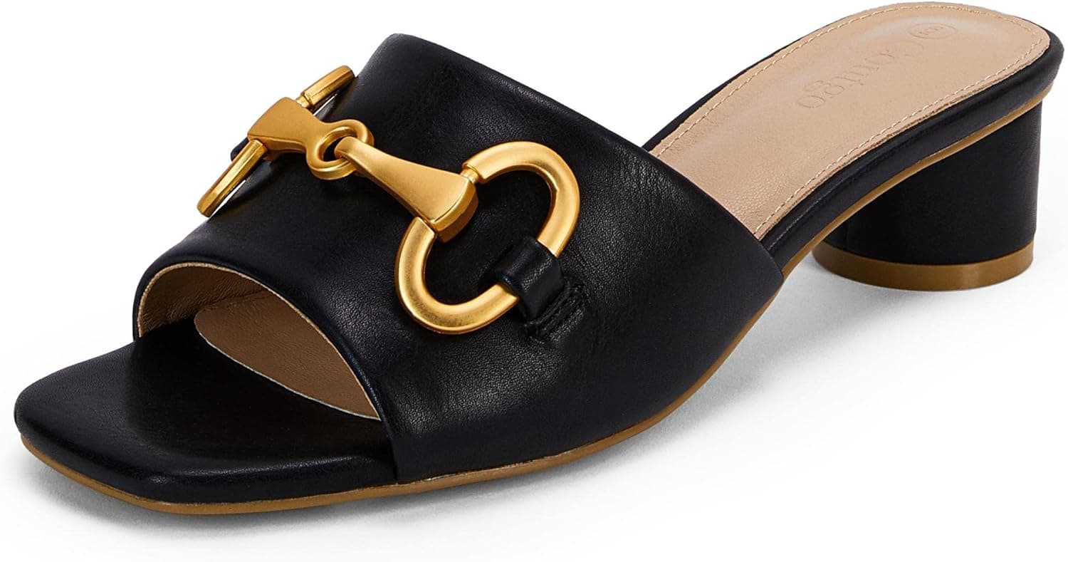 Coutgo Womens' Chunky Round Heel Slides Square Peep Toe Slip On Single Band Comfortable Sandals