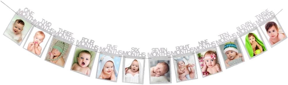 Maicaiffe Baby First Birthday Banner - Silver Glitter 1-12 Month Growth Record Photo Banner - Newborn Baby's First Birthday Party Decorations