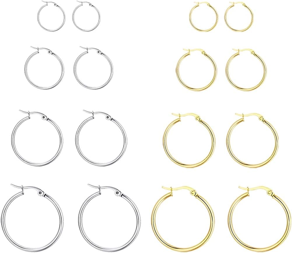 Stainless Steel Hoop Earrings for Women, Huggie Hoops 12MM-25MM Gold Silver, 8 Pairs