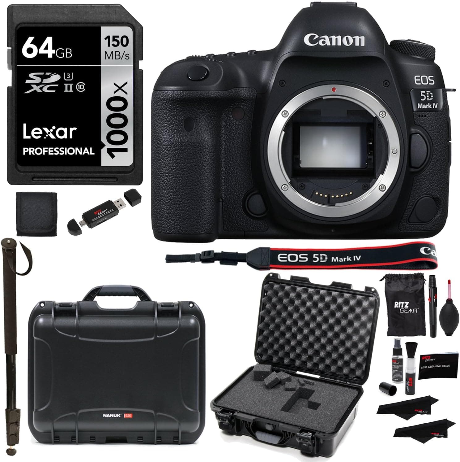 Canon EOS 5D Mark IV Full Frame DSLR Camera Body, NANUK 920 Hard Case with Cubed Foam, Lexar Professional 1000x 64GB Memory Card and Accessory Bundle