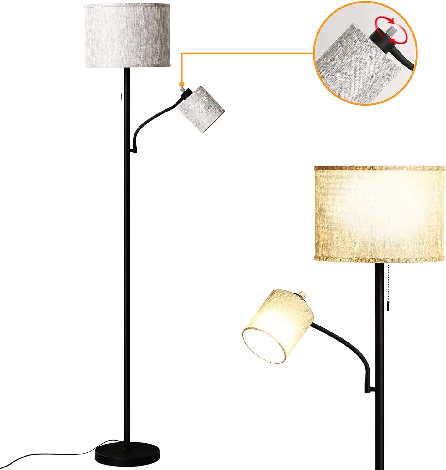 MICESHU Floor Lamps for Living Room, Modern Standing Lamp with Adjustable Reading Light, LED Fabric Shade Industrial Lamps with 1.8m Cable for Living Room, Apartment, Office Standing Lamp