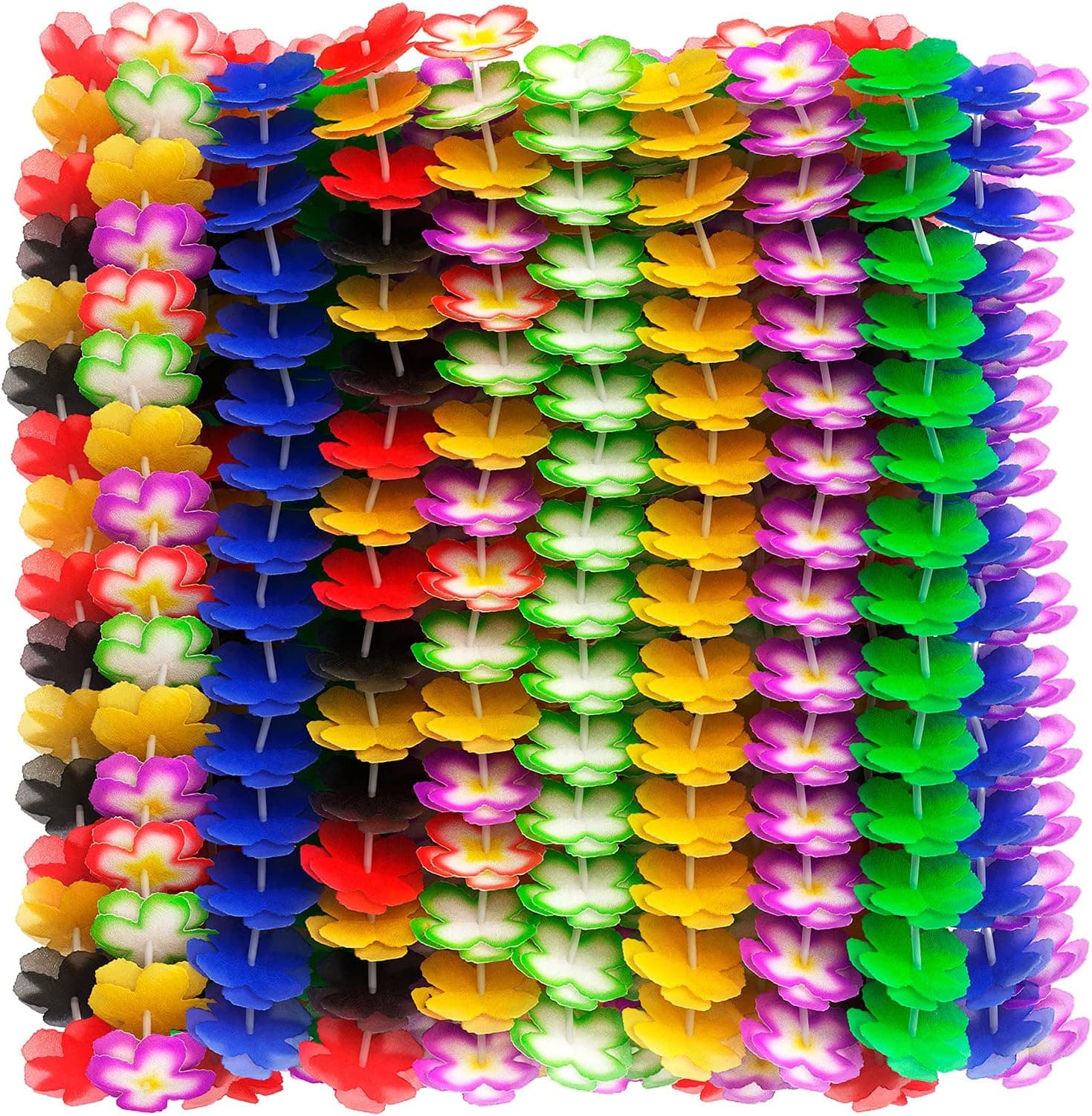 D & K Exclusives Tropical Hawaiian Flower Luau Leis Multi Color Bulk Assortment Tropical Summer Floral Necklace for Party Supplies Favors Celebrations and Decorations, 100 Count