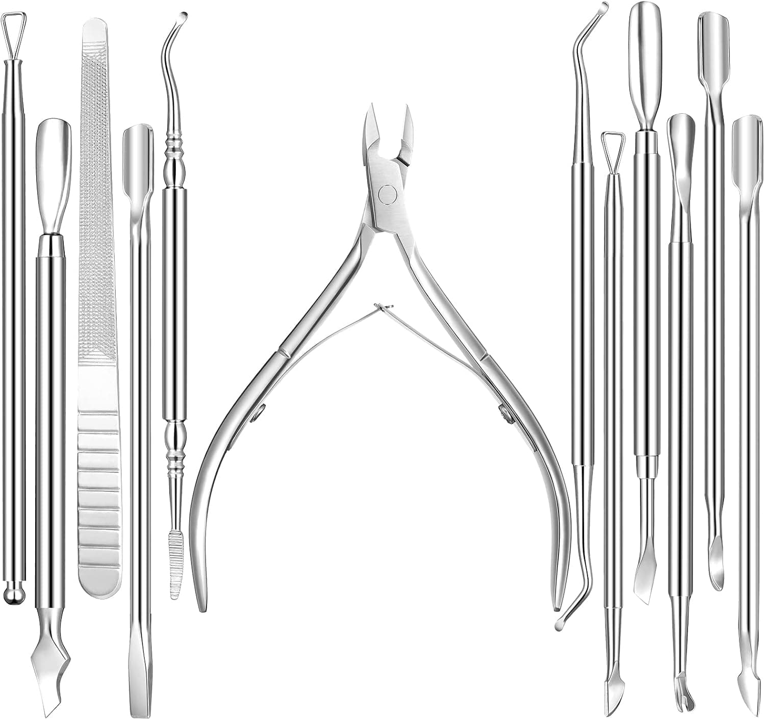 12 Pieces Cuticle Nippers and Ingrown Nail Kit Cuticle Pusher Triangle Nail Polish Remover Nail Cleaner Fork Nail File Lifter Cuticle Peeler Scraper for Fingernail Toenail Manicure (Silver)