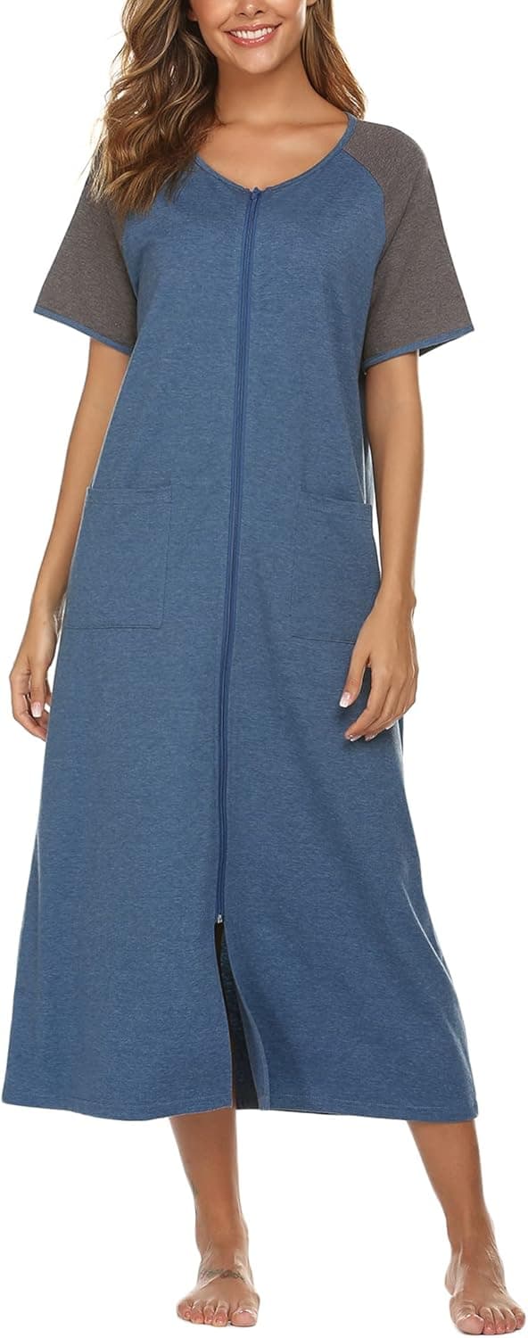 Ekouaer Women Housecoat Zipper Front Long Robes Short Sleeve Contrast Color Sleepwear with Pockets,Small