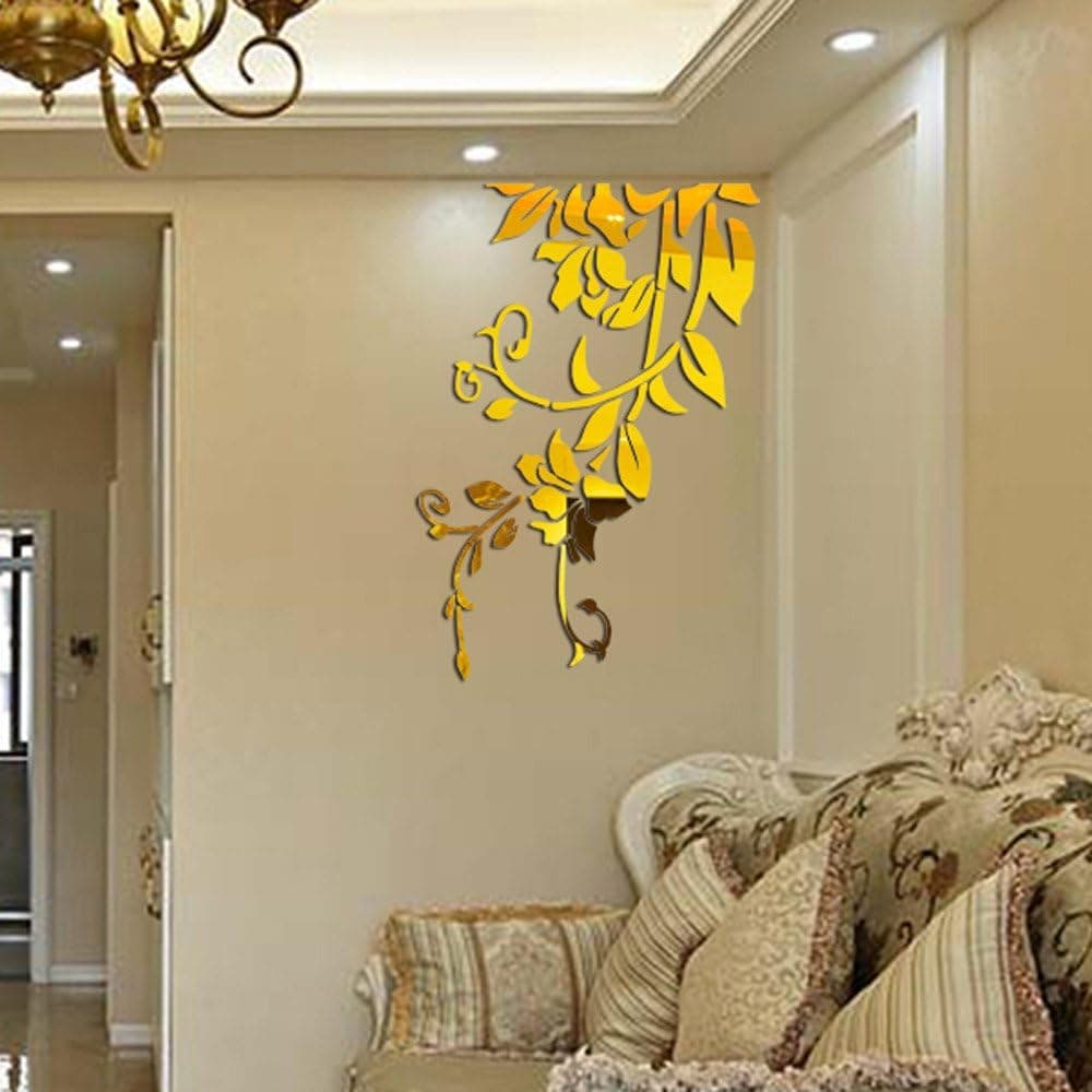 IRegina Mirrored Wall Decor,Mirrored Wall Art Decor,Mirror Wall Stickers for Living Room, Art Decal Mirror Flower DIY Self-Adhesive Wall Decoration Wallpaper 3D Vinyl Sticker (Gold)(BEST834)