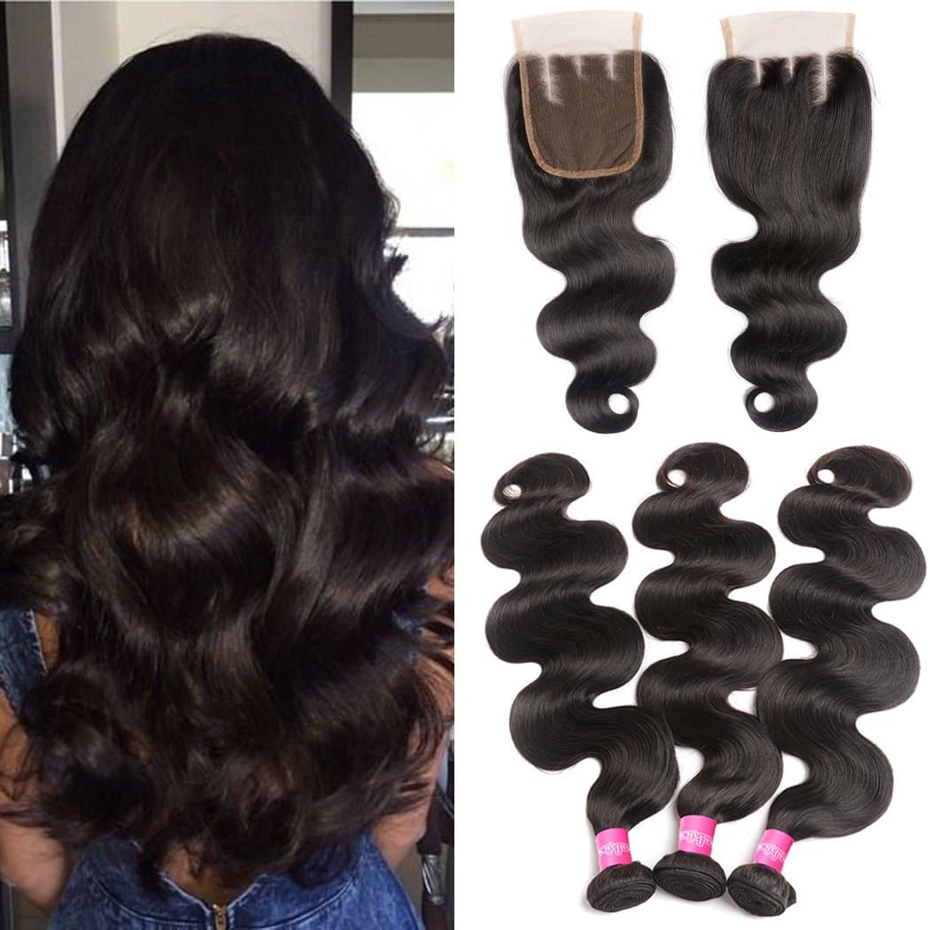 Brazilian Body Wave 3 Bundles With Closure 10A Unprocessed Virgin Human Hair Body Wave Bundles with Lace Closure, Natural Color, 22/24/26+20 Inch