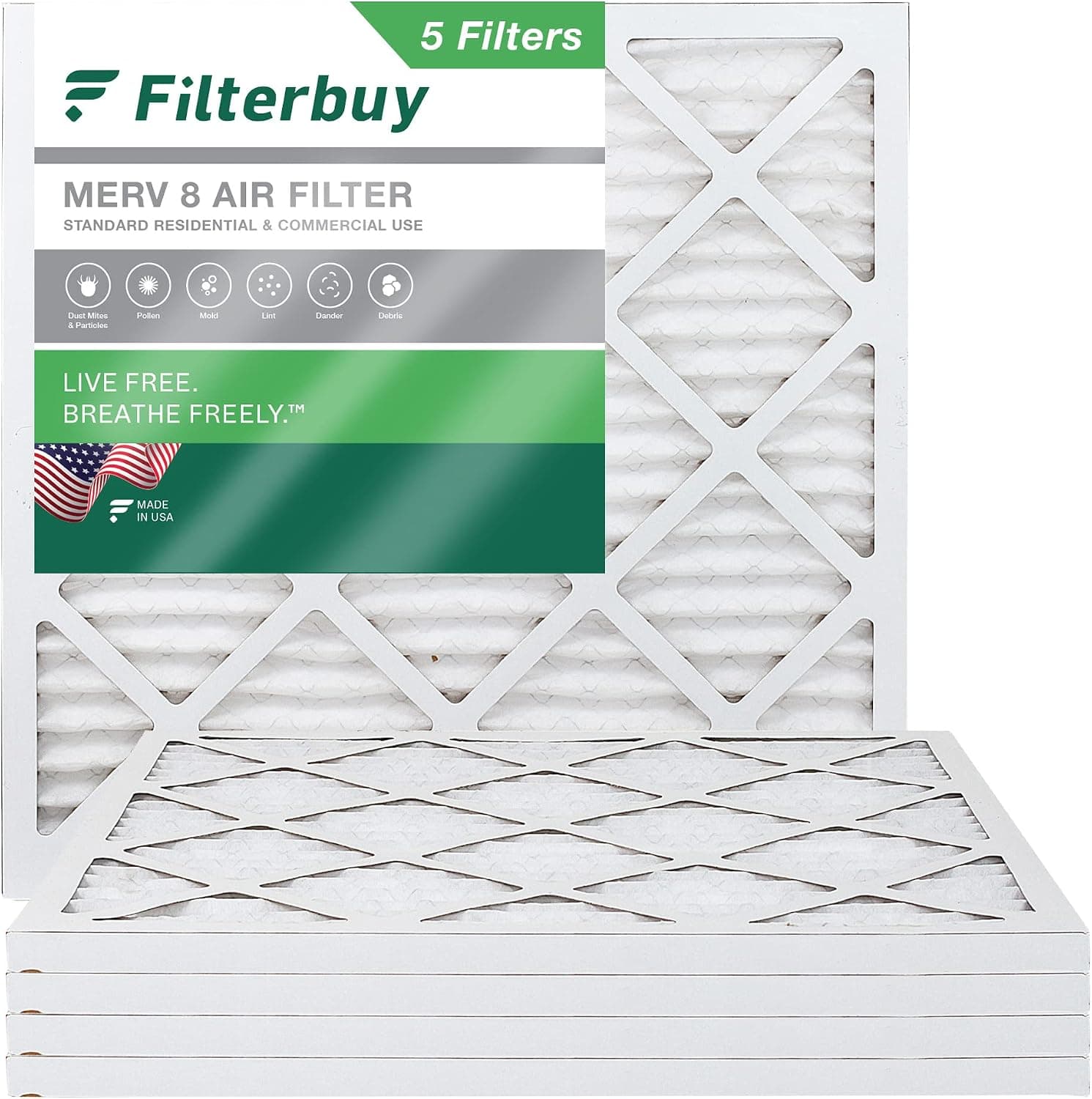 Filterbuy 16x16x1 Air Filter MERV 8 Dust Defense (5-Pack), Pleated HVAC AC Furnace Air Filters Replacement (Actual Size: 15.75 x 15.75 x 0.75 Inches)