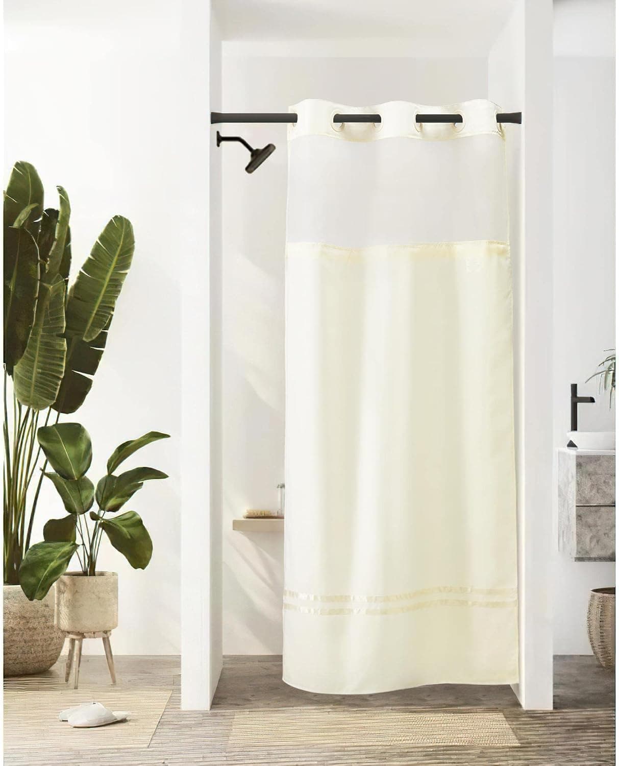 River Dream Stall Shower Curtain with Snap in Liner,No Hooks Needed Shower Curtain for Bathroom,Hotel Grade,Machine Washable,36" W×74" H,Beige,with Beige Stripe and Magnets