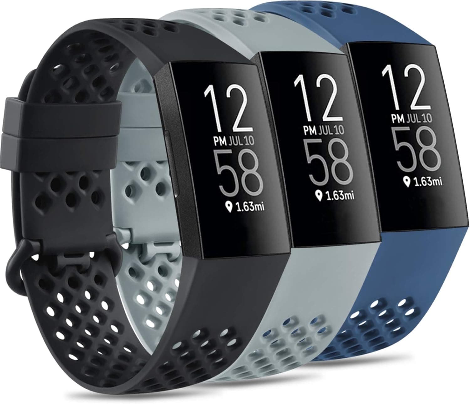 Pack 3 Silicone Bands Compatible for Fitbit Charge 4 / Fitbit Charge 3 / Fitbit Charge 3 SE, Soft Waterproof Breathable Replacement Wristbands for Women and Men (Large, Black+Navy Blue+Gray)