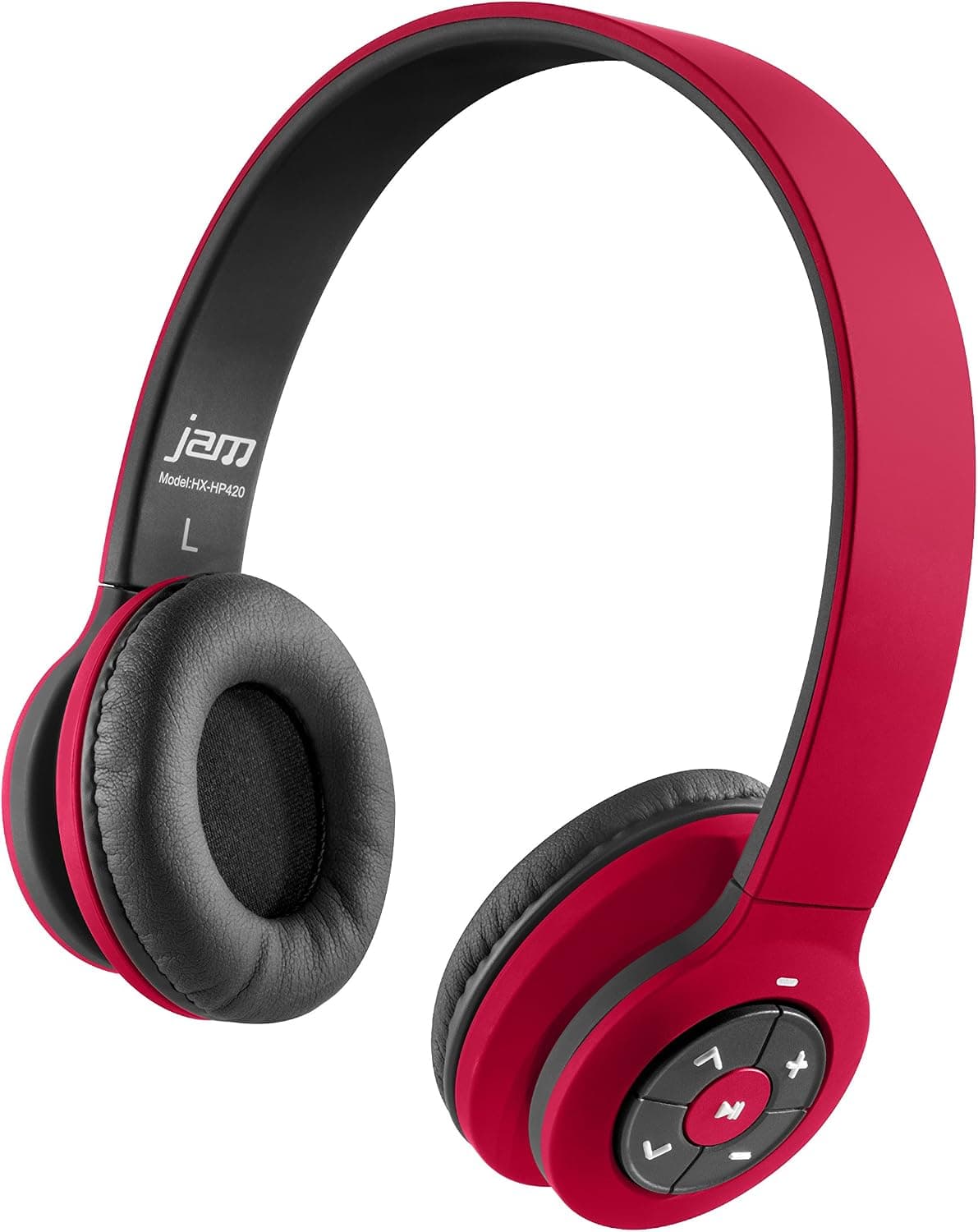 JAM Transit Wireless Bluetooth On-Ear Headphones, 30ft Range, Superior Bass, Big Sound, No Cords, Rechargeable Battery, Comfortable Fit, Perfect for Travel, Car, Kids, HX-HP420RD Red