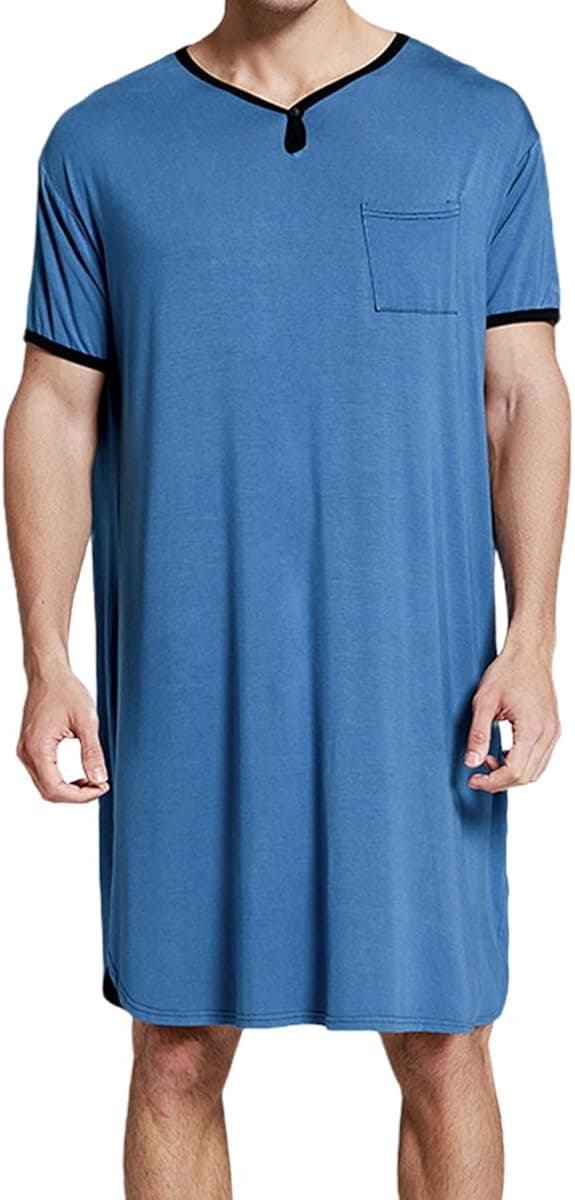 Jumpp Men's Nightwear, Cotton Nightshirt Comfy Big&Tall V Neck Short Sleeve Soft Loose Pajama Sleep Shirt for Men Women (Blue, M)