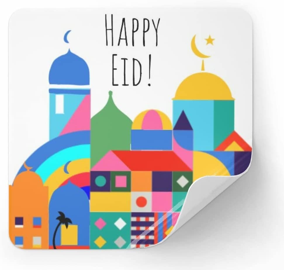 Eid Stickers | Colorful Mosque Design | 2 X 2 inch | Square | Self Adhesive | Set of 24 Use for Goodie Bags, Party Favors, Money Envelopes, Greeting Cards, Gift Bags,Gift Boxes, and Cookie Boxes