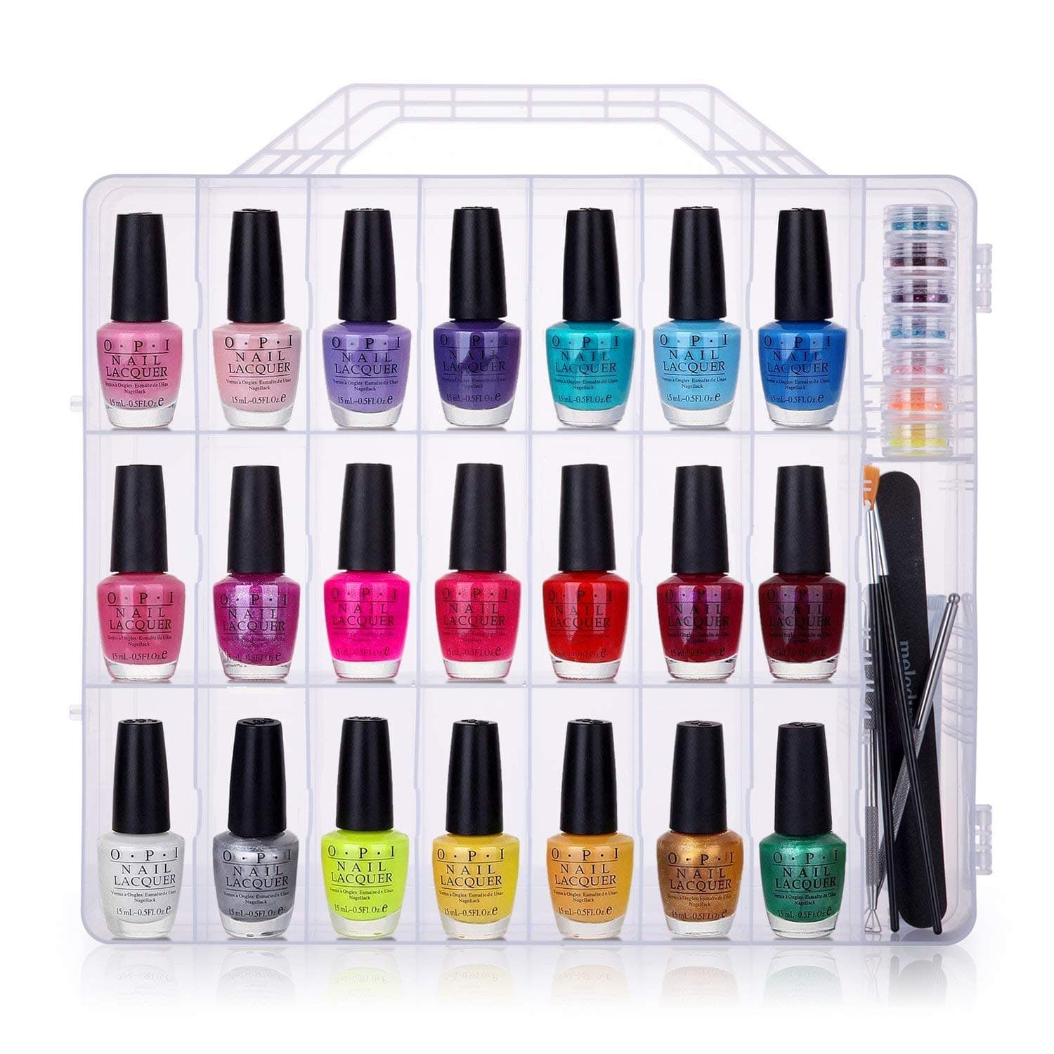 MelodySusie Portable Nail Polish Organizer, Universal for 48 Bottles, Clear, Double Side, Gel Polish Storage Holder, Space Saver with 8 Adjustable Dividers