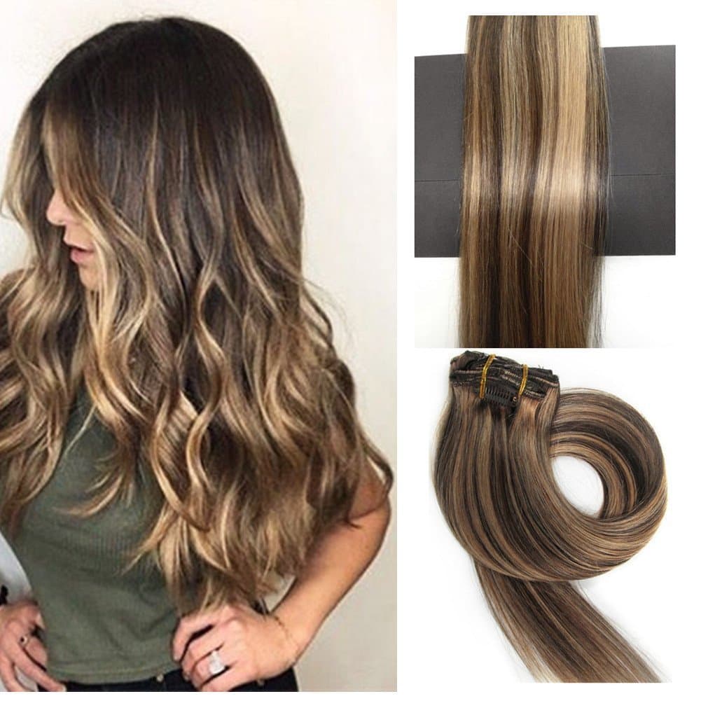 TheFashionWay Brazilian Human Hair Extensions Clip in Silky Straight Weft Remy Virgin Hair (15 inches, 4-27)