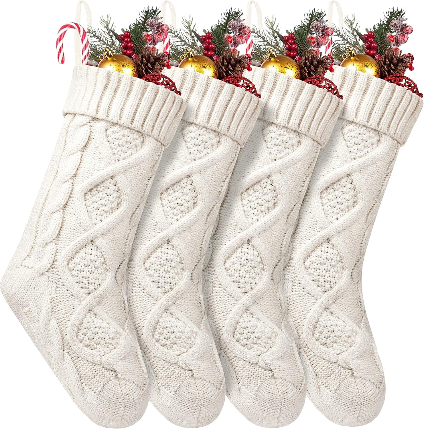Fesciory 4 Pack Christmas Stockings 18 Inches Large Size Cable Knitted Stocking Gifts & Decorations for Family Holiday Xmas Party, Ivory White
