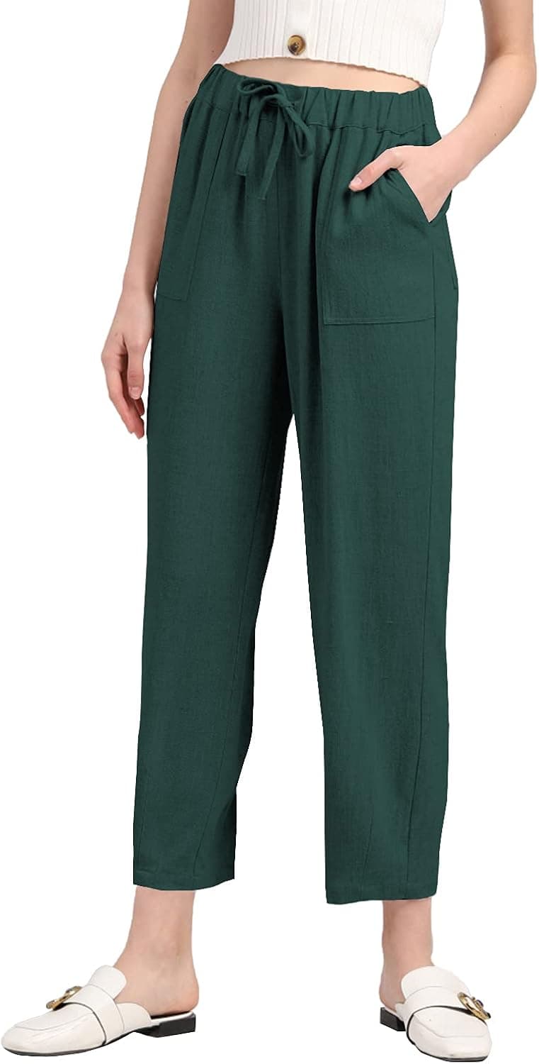 MEOMUA Women's Linen Pants Soft Cropped Drawstring Waist Cotton Beach Trousers