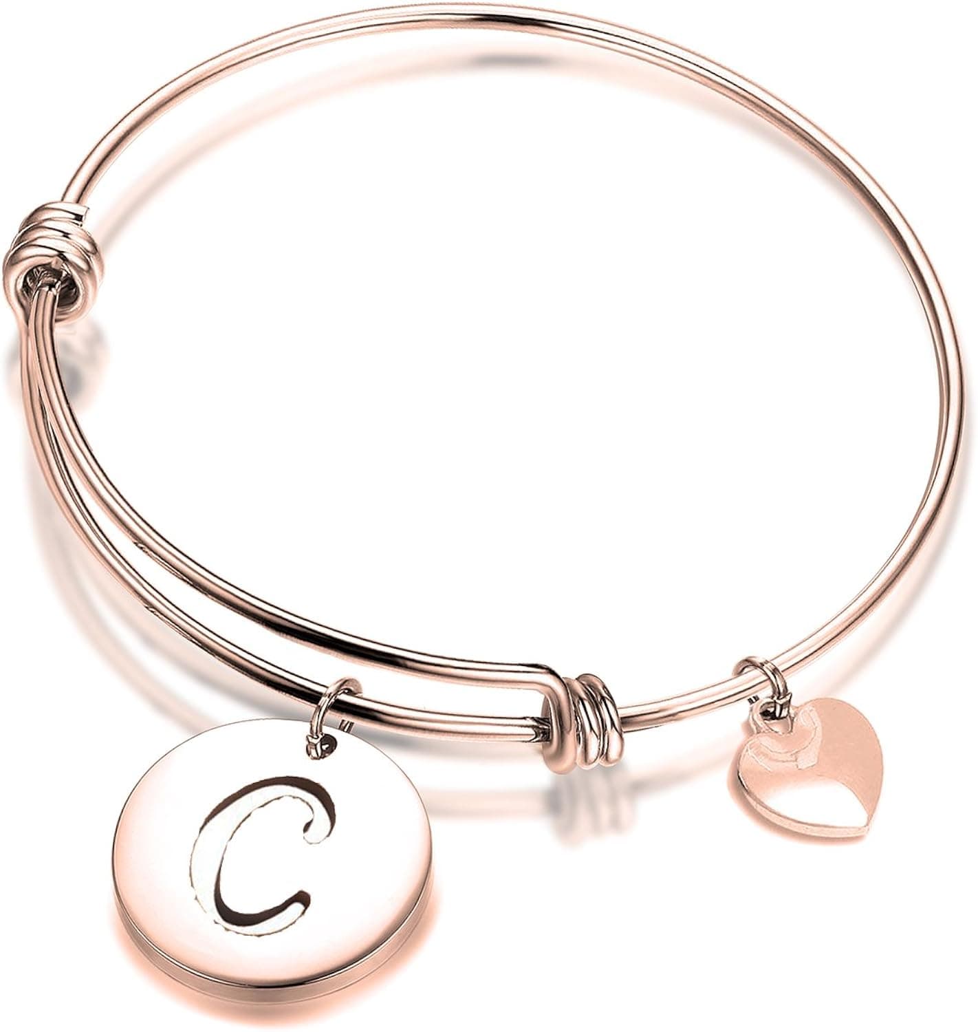 ENSIANTH Rose Gold Initial Bracelet Stainless Steel Letters Bangle Adjustable Bracelet with Heart Charm (C)