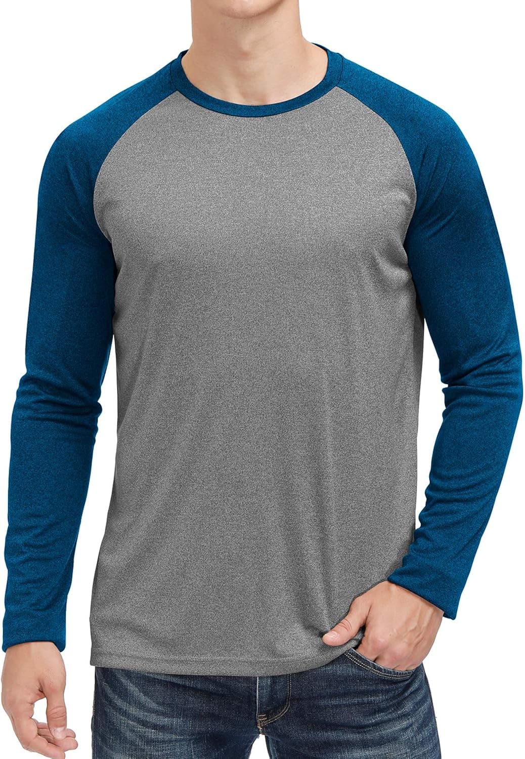 Men's Long Sleeve Moisture Wicking Athletic Shirts UPF 50+ UV Outdoor Baseball Cool Dri T-Shirts,Gray-Blue,S