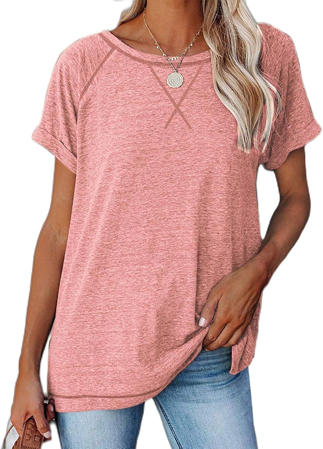 BESFLY Women Tunic Top Short Sleeve T Shirt Casual Pullover Blouses to Wear with Leggings Loose Fit Shirt