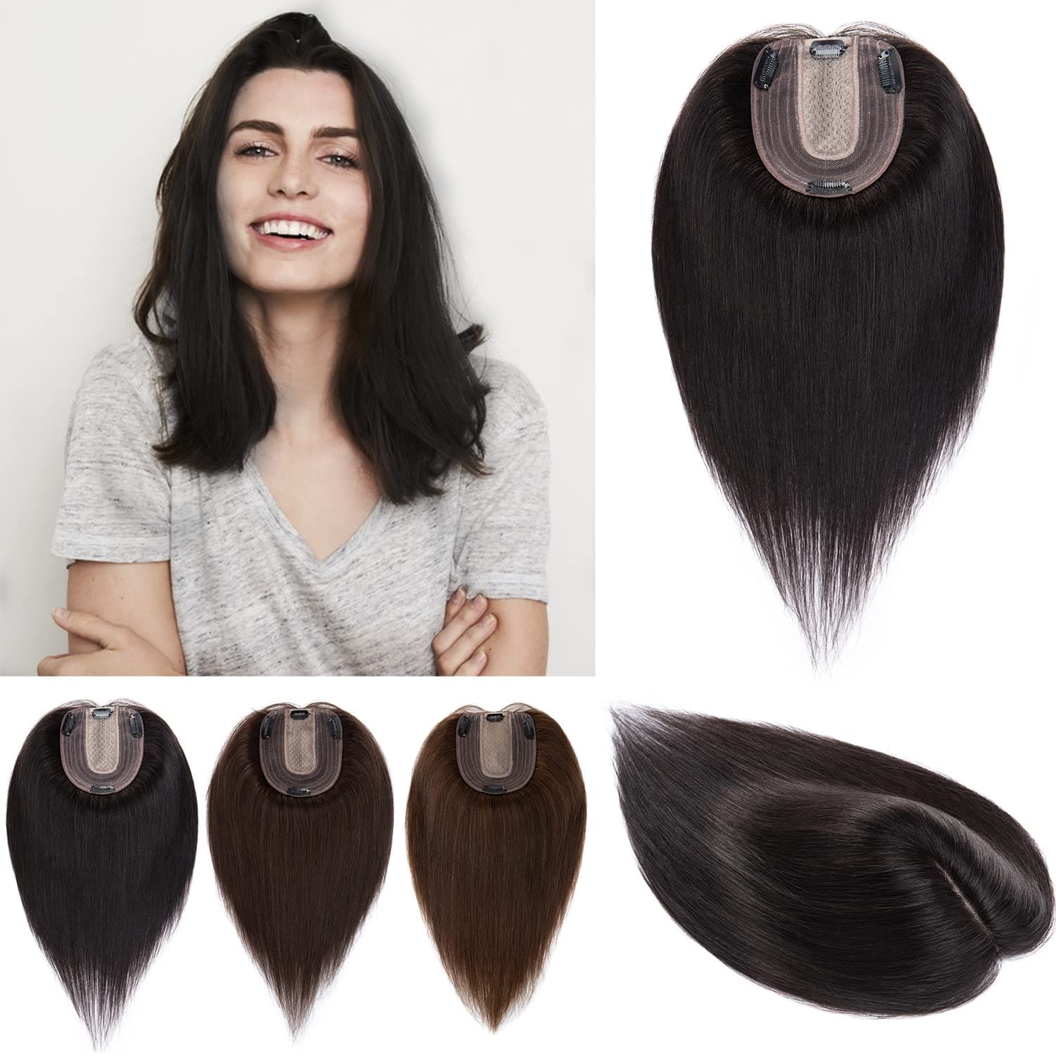 S-noilite Human Hair Toppers for Women 10 * 12cm Silk Base 12inch 40g #1B Black