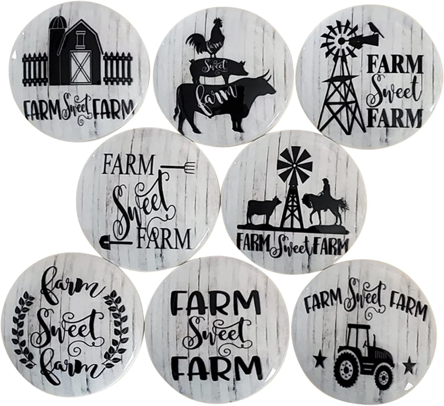 Twisted R Design Wooden Cabinet Knobs - Set of 8 Black and White Farmhouse Wood Cabinet Knobs- Farm Sweet Farm Drawer Knobs with Brass Insert - 1.5 x 1.5 Inches