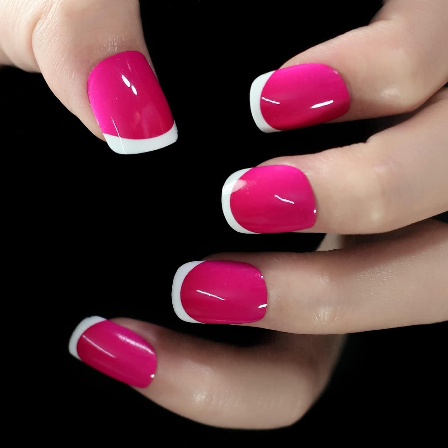 Rose Red White Tips Short French Round Press On Nails Gel Acrylic Manicure Woman Girl Art False Nails 24pcs