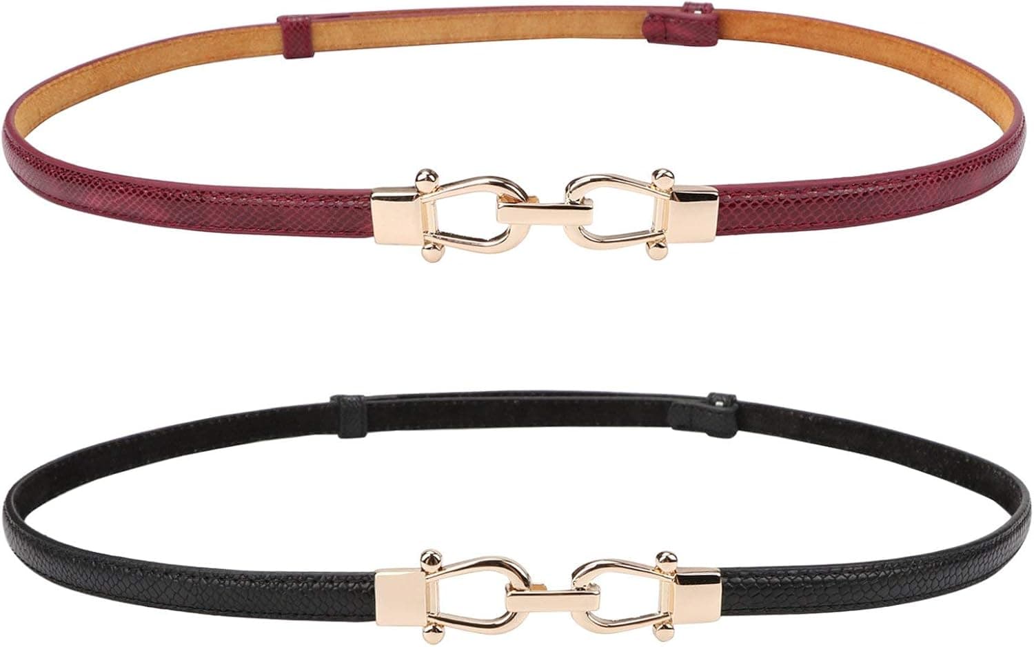 JASGOOD Leather Skinny Women Belt Thin Waist Belts for Dresses up to 37 Inches with Golden Buckle 2 Pack