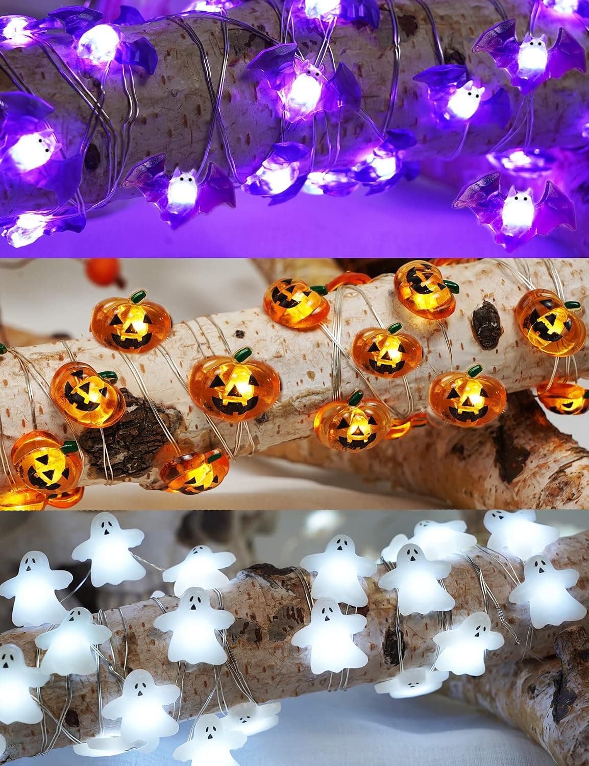KAiSnova Halloween String Lights 3 Pack Halloween Lights Battery Operated, White Ghost, Orange Pumpkin, Purple Bat, 10ft 30 LED Halloween Fairy Lights for Indoor Outdoor Home Bedroom Yard Decor