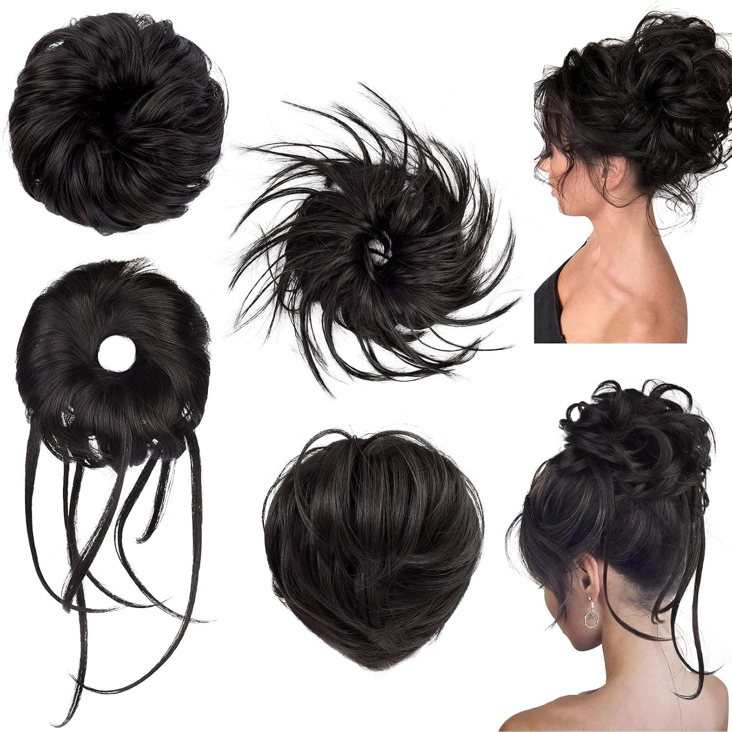 HOOJIH Messy Bun Hair Pieces, 4 Pieces Messy Bun Straight Bun Hair Pieces for Women Wavy Tousled Updo Ponytail Extensions Hair Scrunchies with Elastic Band - Black Brown