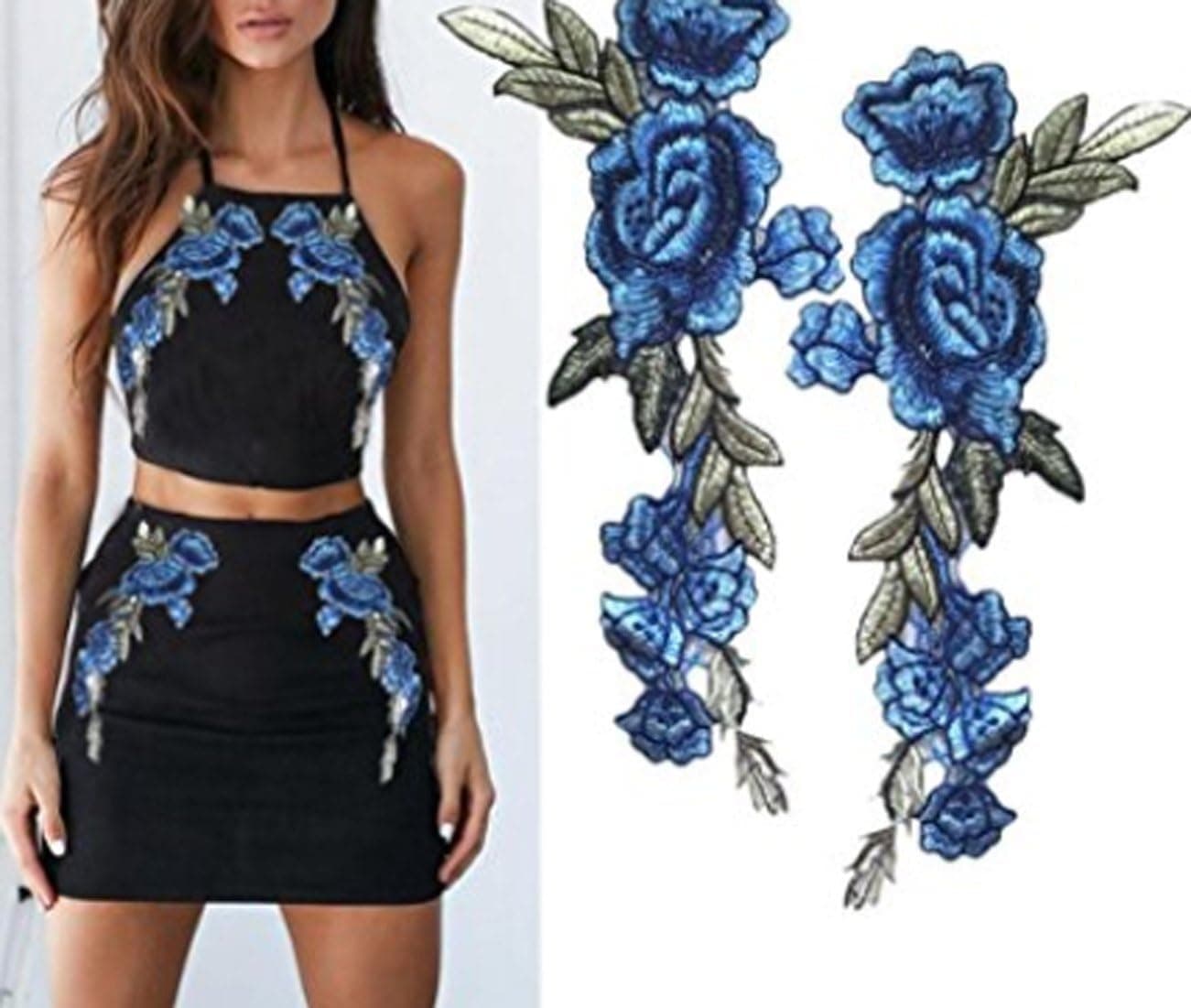 2 Pcs Red Green Flower Applique Embroidered Patch Collar Floral Appliques Sew on Patches Sewing DIY Clothing Accessories Craft Kids Clothing Hat Bag Decor (Blue-Green)