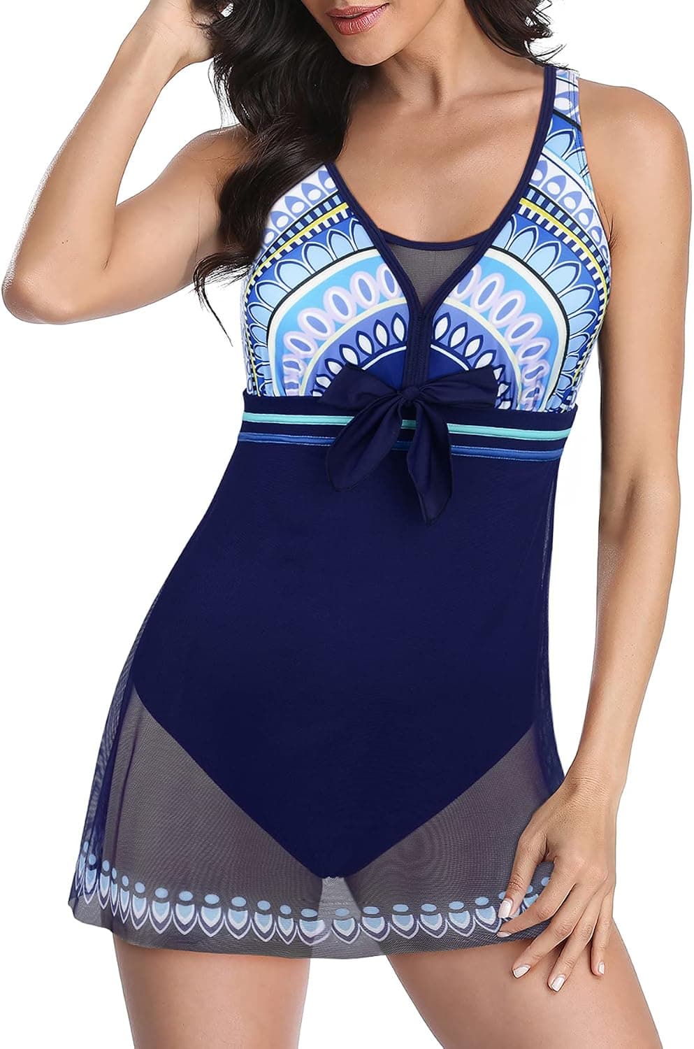 Zando Womens Tummy Control Swimming Suits Swimwear One Piece Tankini Swimdress Sporty Swim Dress Teen Swimsuit Slimming Bathsuits for Women Floral Blue XL (US 12-14)