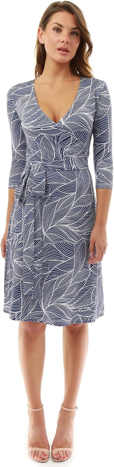 PattyBoutik Women Faux Wrap A Line Dress (Navy Blue and White10 Medium)