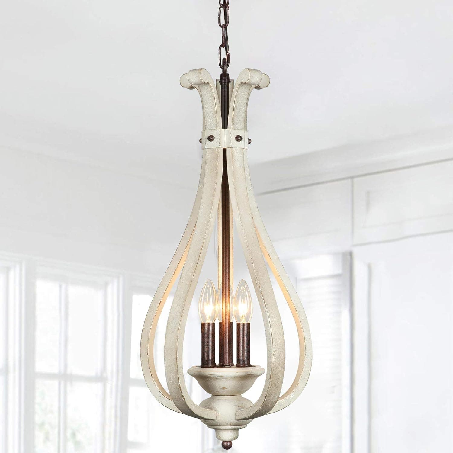 Derksic 3 Lights Farmhouse Chandelier Rustic Wood Chandelier Vintage French Country Lighting Fixture for Kitchen Island Dining Room Foyer Entryway, White