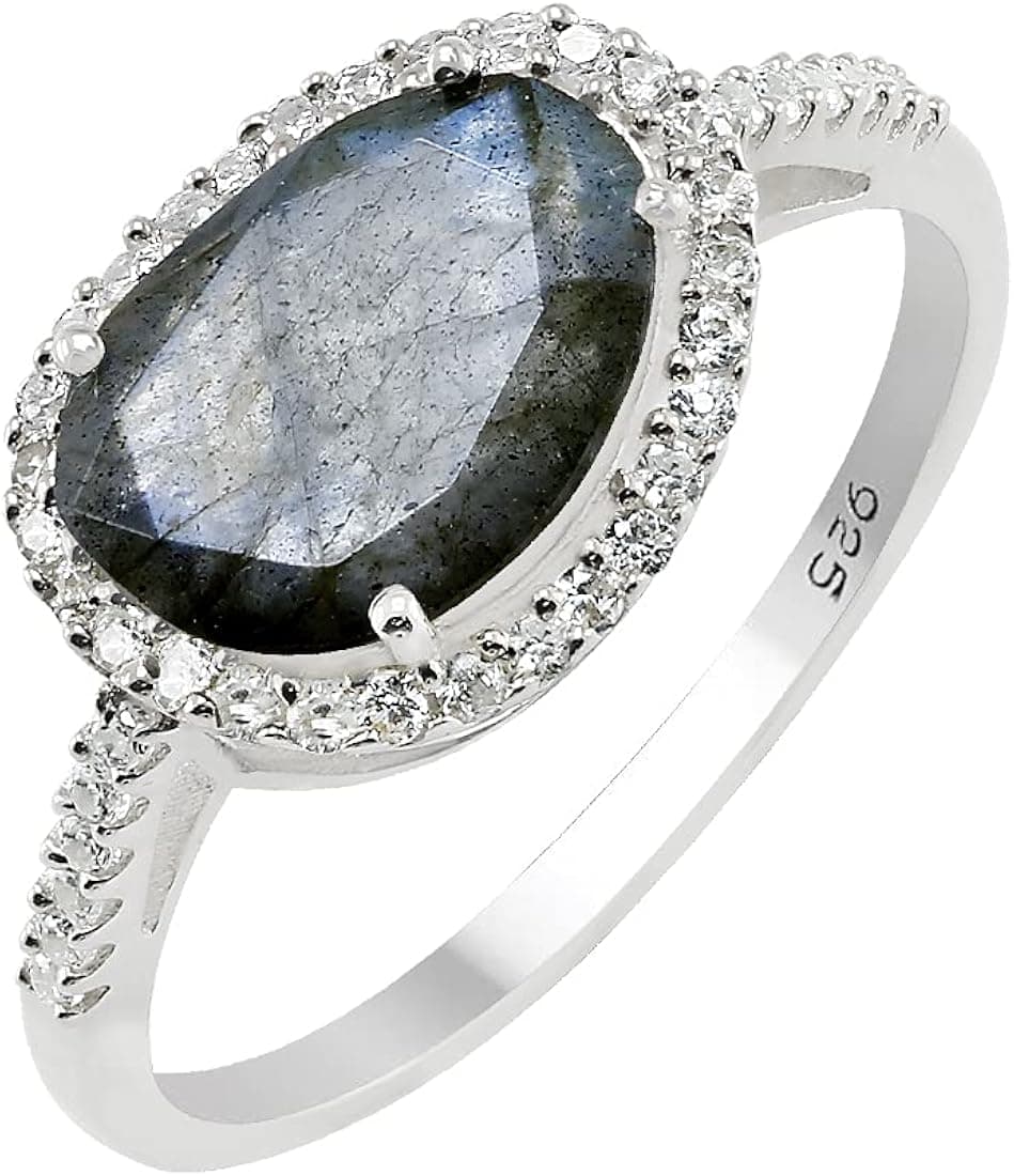 Natural Labradorite Fancy 925 Sterling Silver White Gold Plated Vintage Boho Style Solitaire Rings