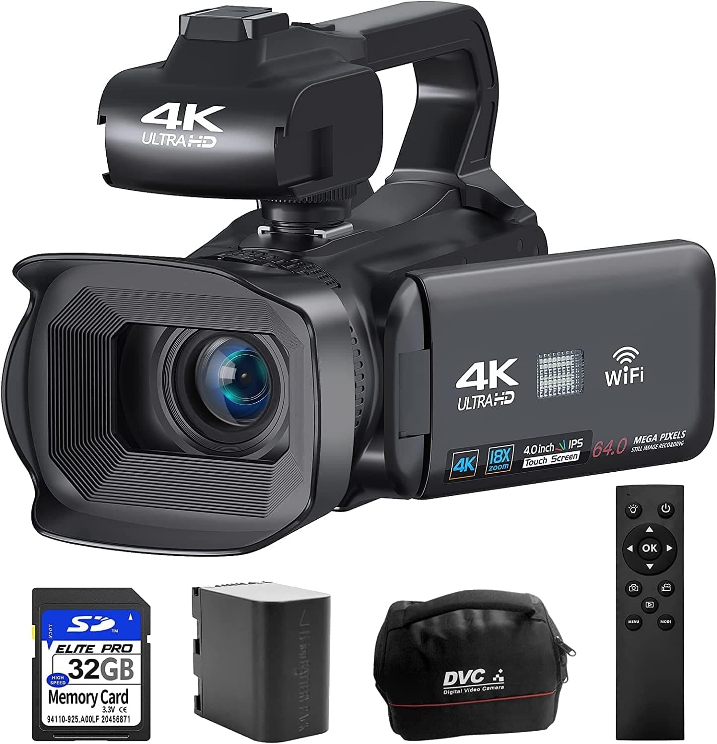 XIYXIN 4K Video Camera Camcorder Video Camera for YouTube Video Recorder 64MP 60FPS 4.0" Touch Screen 18X Digital Zoom Vlogging Camera for YouTube with WiFi, Remote Control, 32GB SD Card
