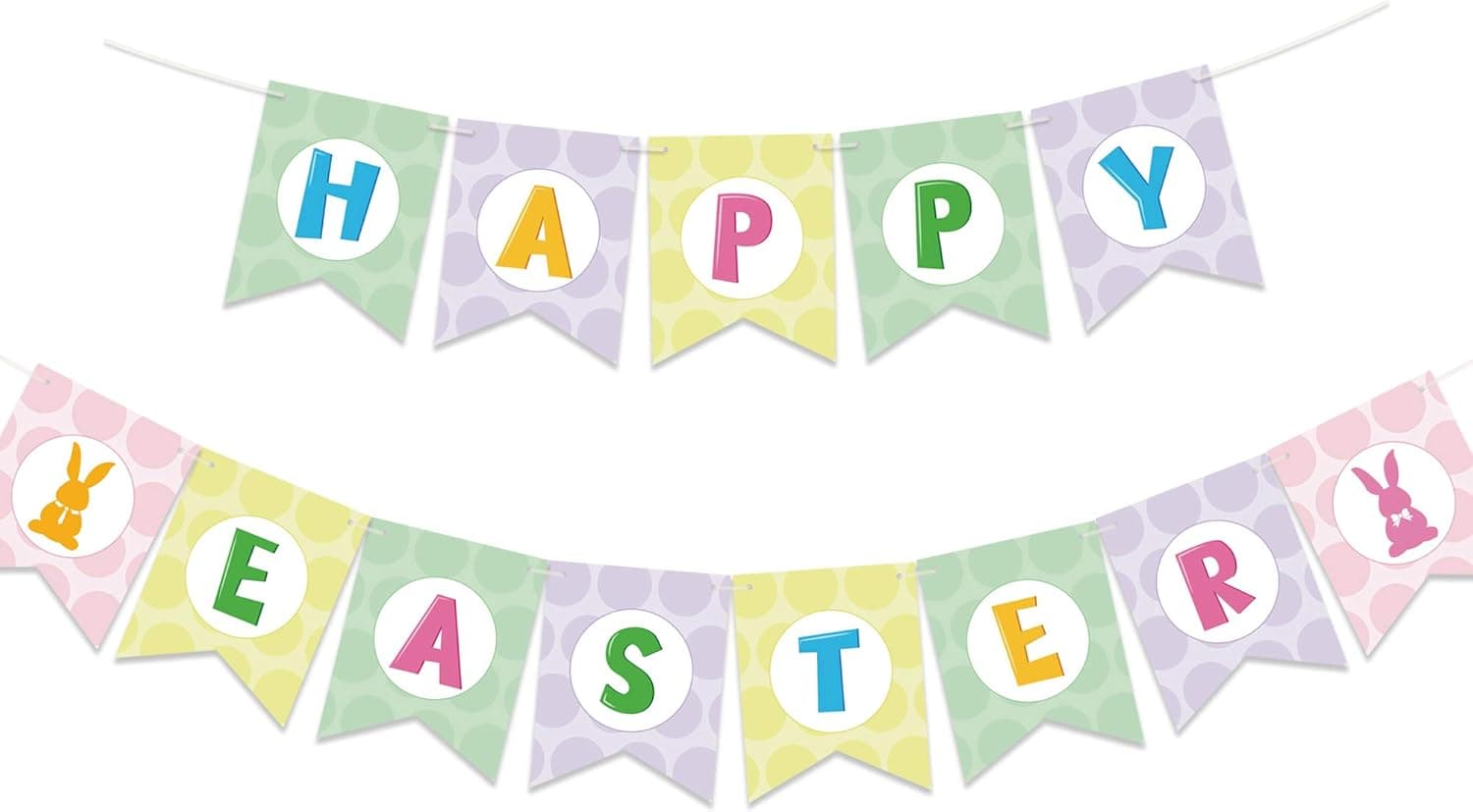 GEGEWOO 2Pcs Colorful Happy Easter Banners Easter Paper Banner Easter Bunny Bunting Garland Easter Decor for Home Farmhouse Banner Spring Themed Party Favors Supplies