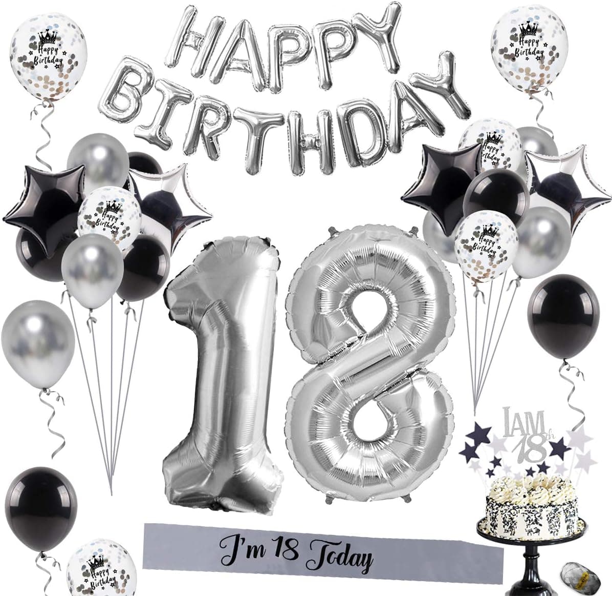 18th Birthday Decorations Party Supplies – Silver 18 Birthday, Silver Number 18 and HAPPY BIRTHDA Banner Balloon, Confetti Balloons, Foil Star Balloon, 18 Birthday Sash for Boys/Girls, MEN/WOMEN