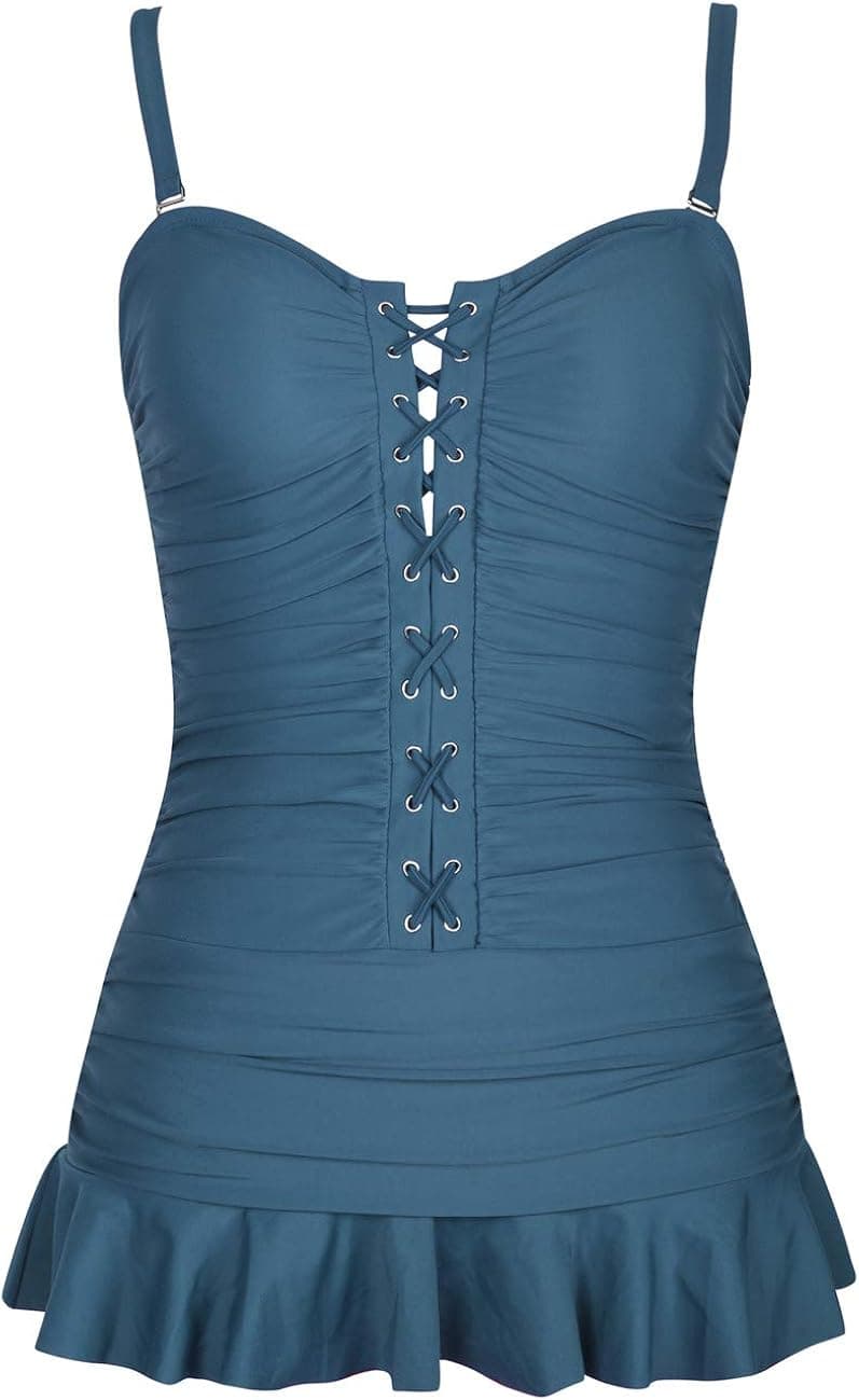 Firpearl Women's One Piece Swimsuit Retro Lace up Tummy Control Ruffle Hem Swimdress 18 Aquamarine Red