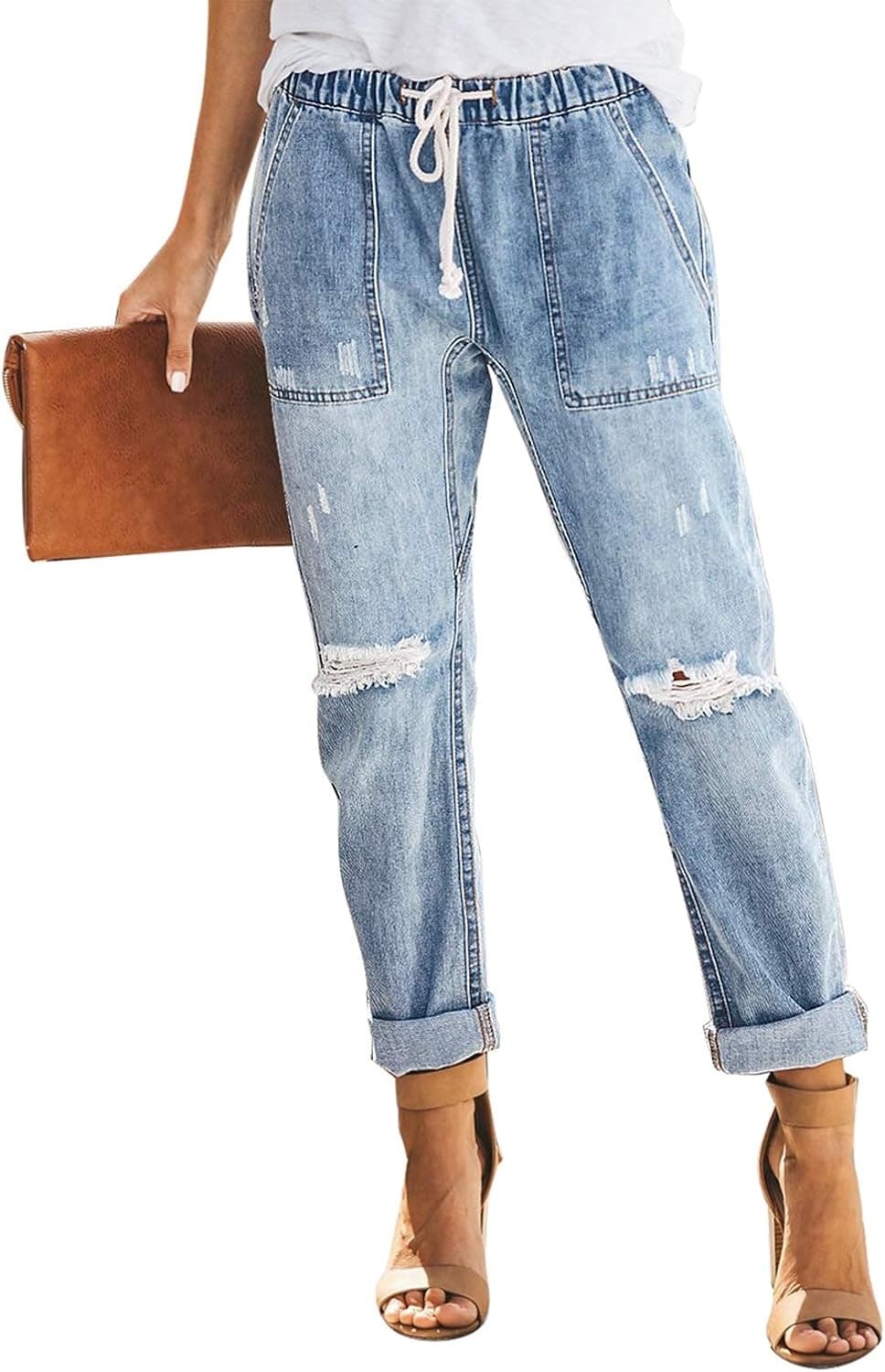 luvamia Women's Casual Distressed Denim Jeans Pants Blue Size Large