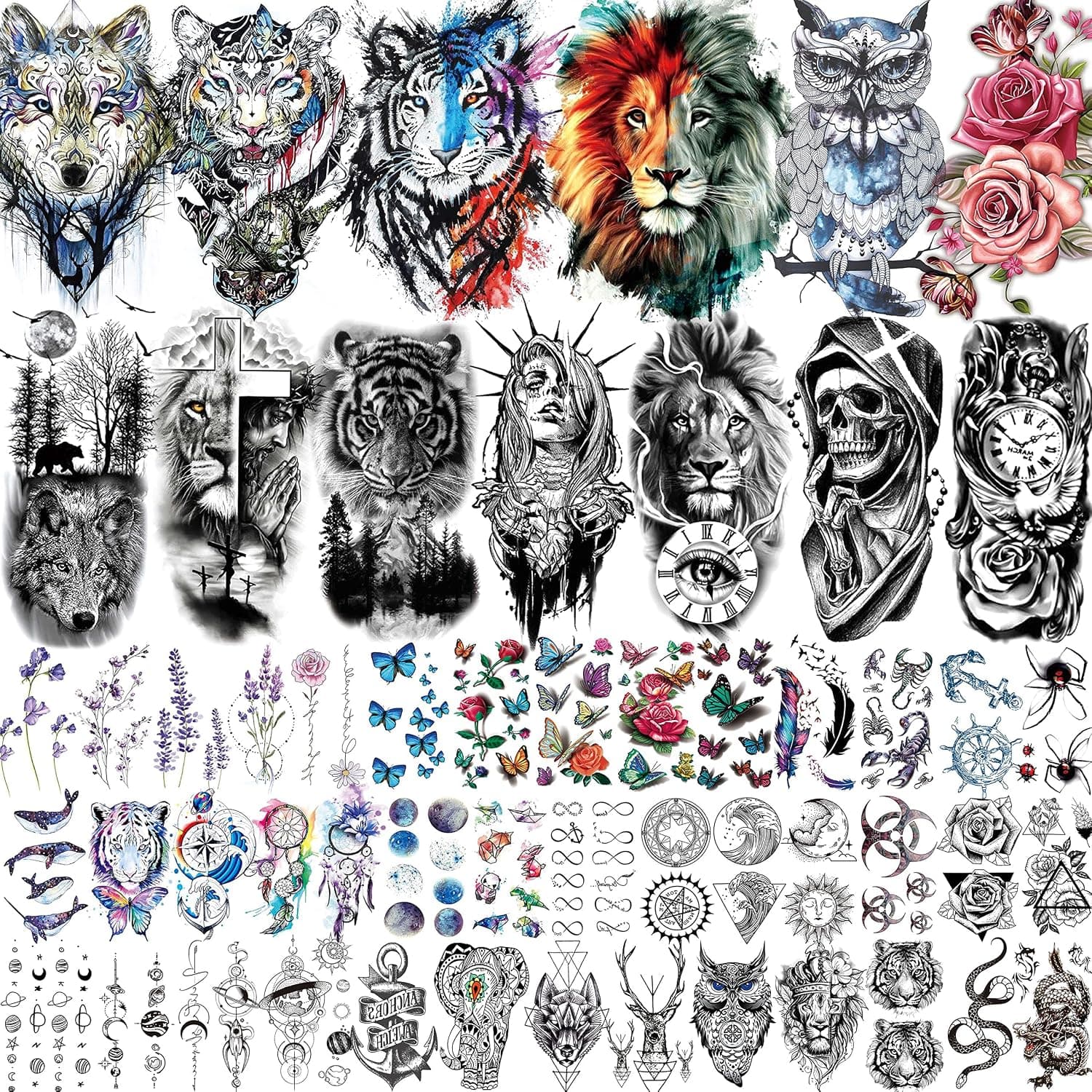 VANTATY 54 Sheets Large Watercolor Lion Wolf Tiger Owl Flower Temporary Tattoos For Women Adults Thigh, 3D Long Lasting Temp Tattoo Sticker For Men Arm Chest, Fake Tattoos That Look Real And Last Long