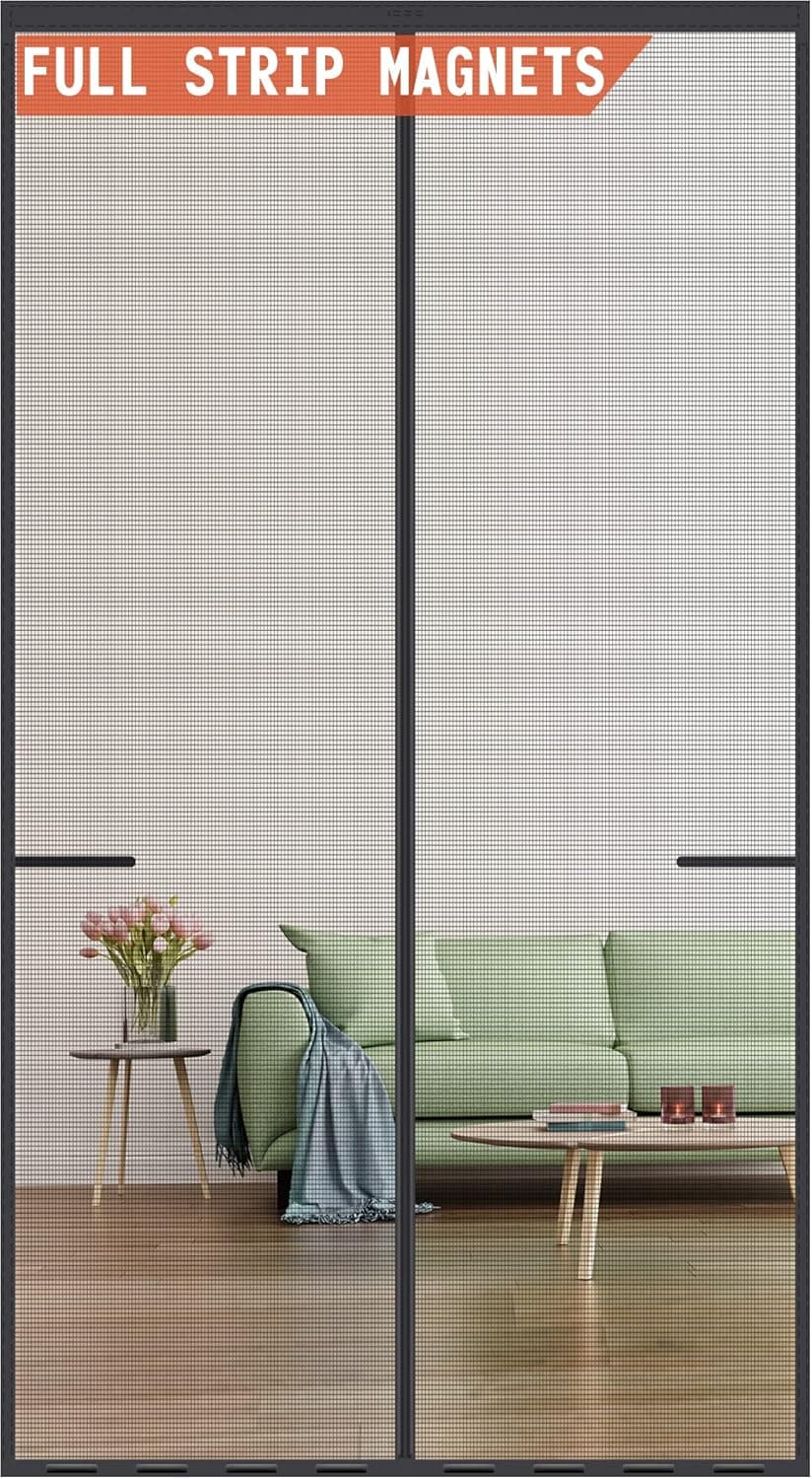 Magnetic Screen Door Upgraded-Model Full Strip Magnets,Reinforced Heavy Duty Fiberglass Mesh Screen Doors Magnets,Full Frame Seal Retractable Door Screen Magnetic Closure for Single Front Patio Door