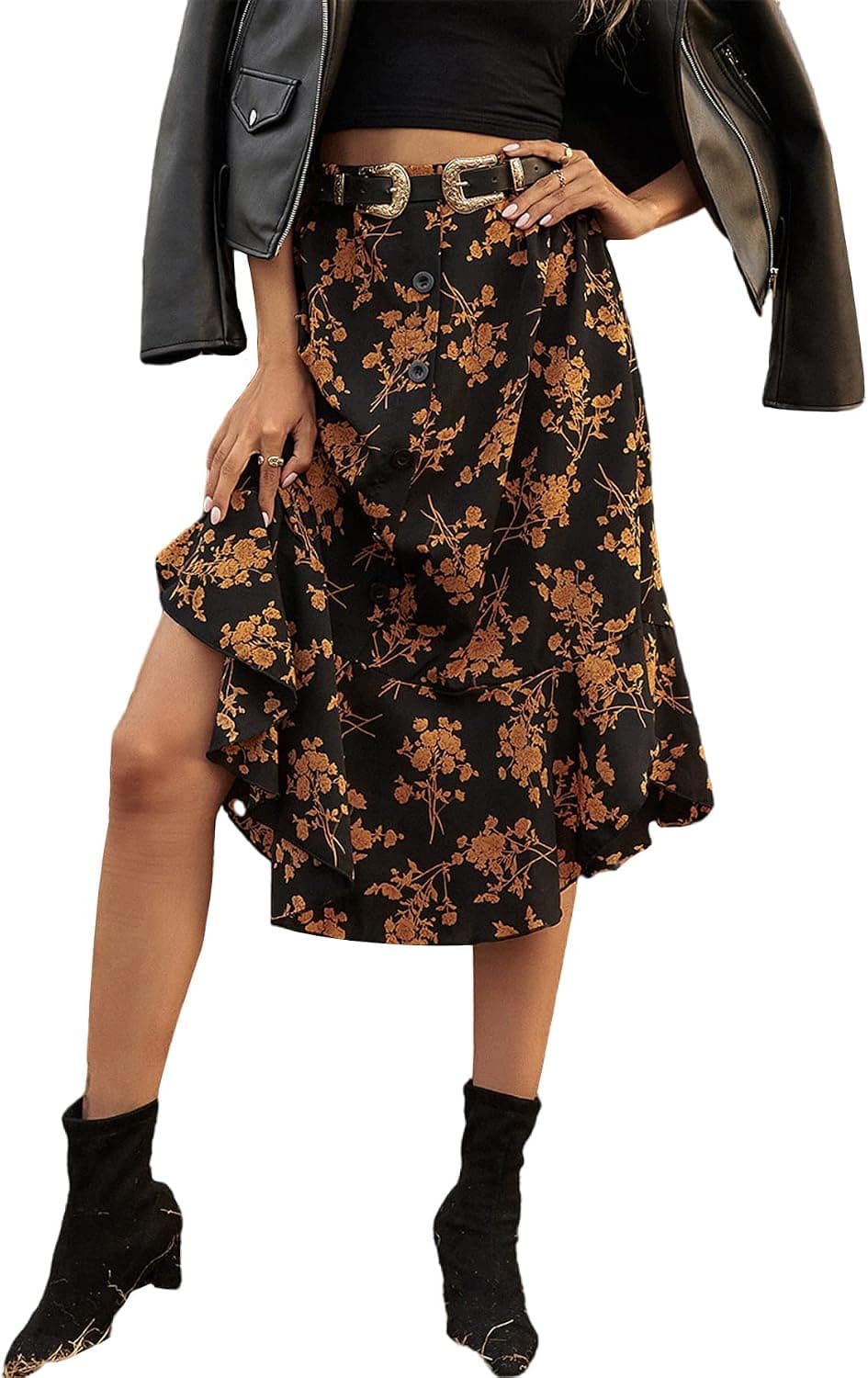 Milumia Women Boho Floral High Waist A Line Midi Skirt Button Front Ruffled Skirt Black X-Large