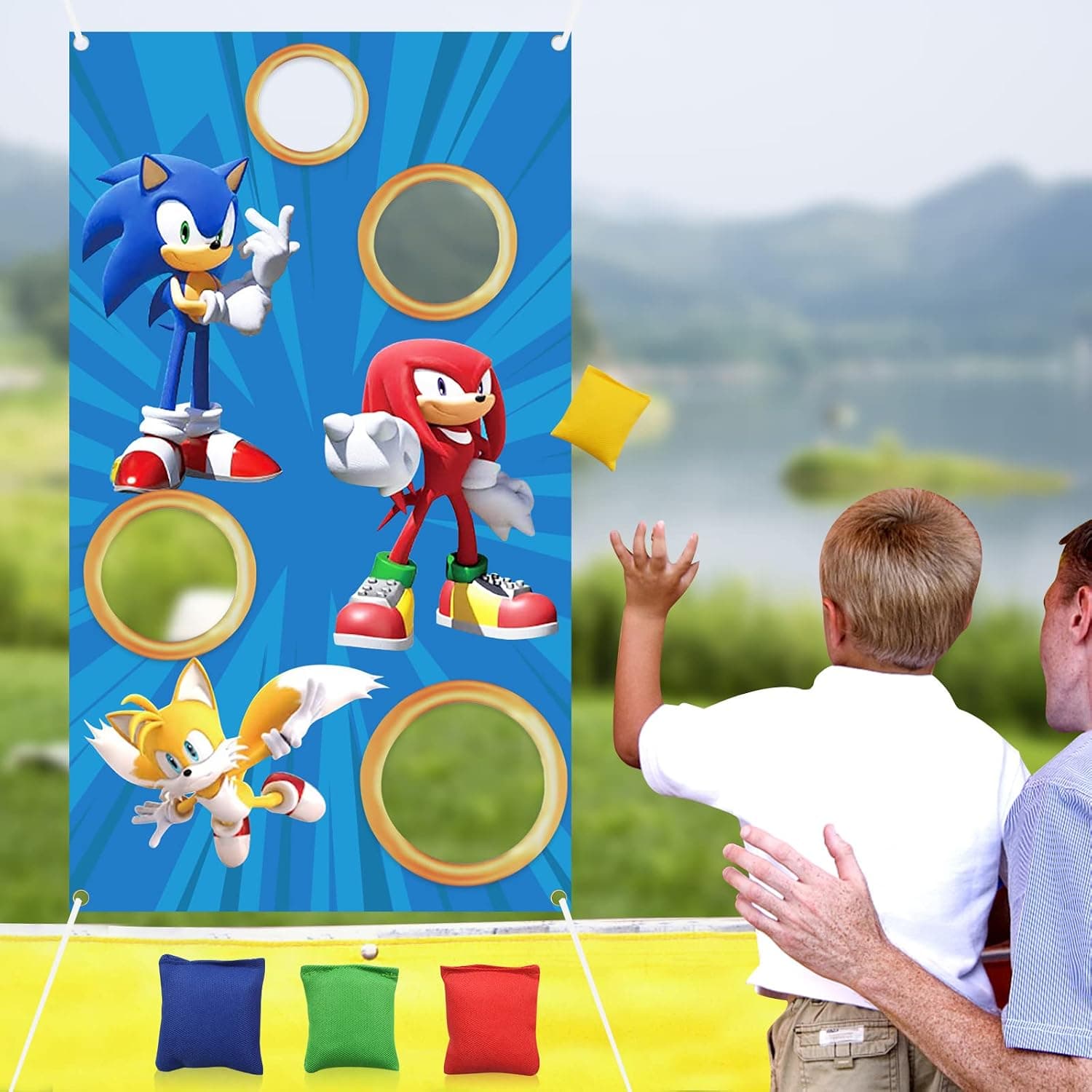 Sonic Birthday Party Supplies,Sonic Toss Games with 4 Bean Bags Sonic Throwing Games Banner Sonic Party Games Bean Bag Game Sets Banner Sonic Party Favors for Birthday Party Decoration Indoor Outdoor