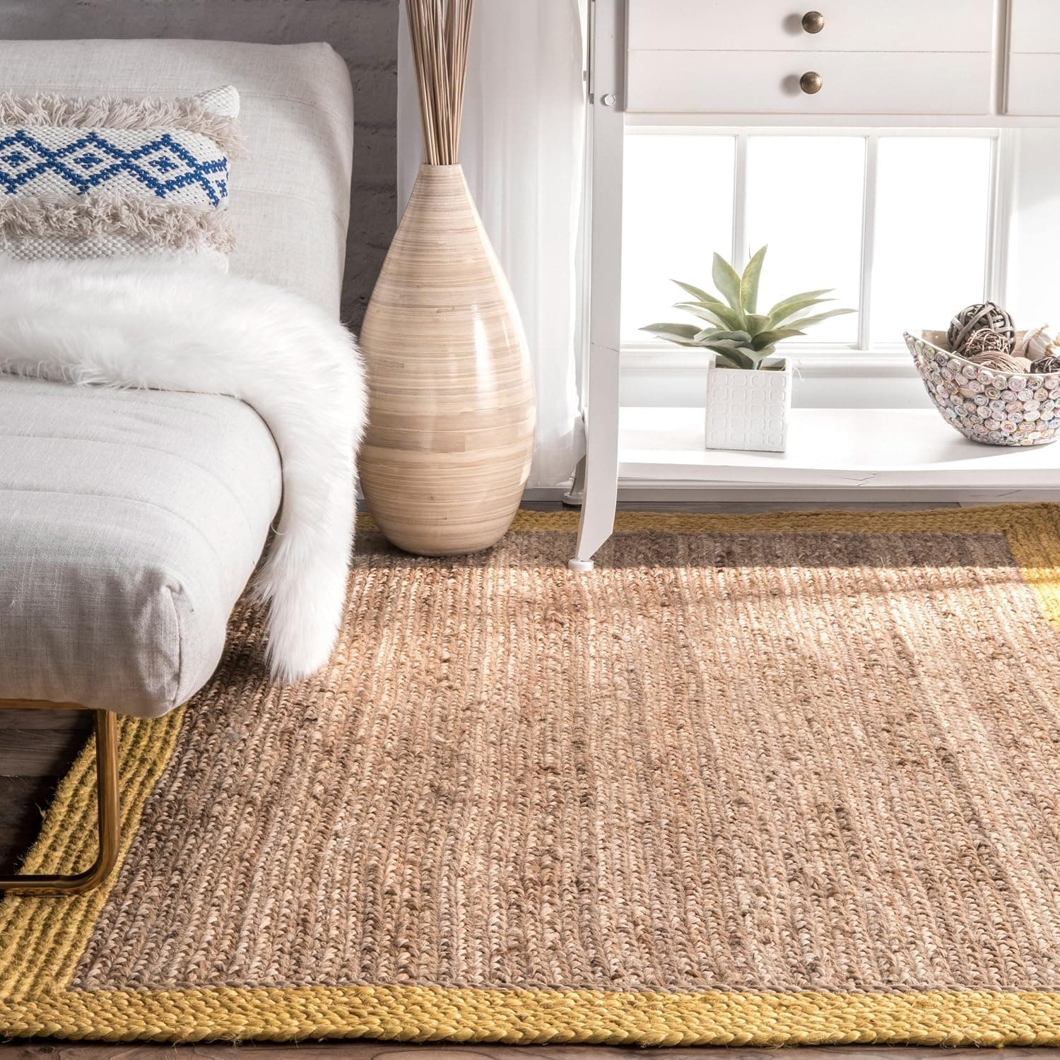 Handmade Natural Fibers Border Jute Gold Area Rugs, 4 Feet by 6 Feet (4' x 6')