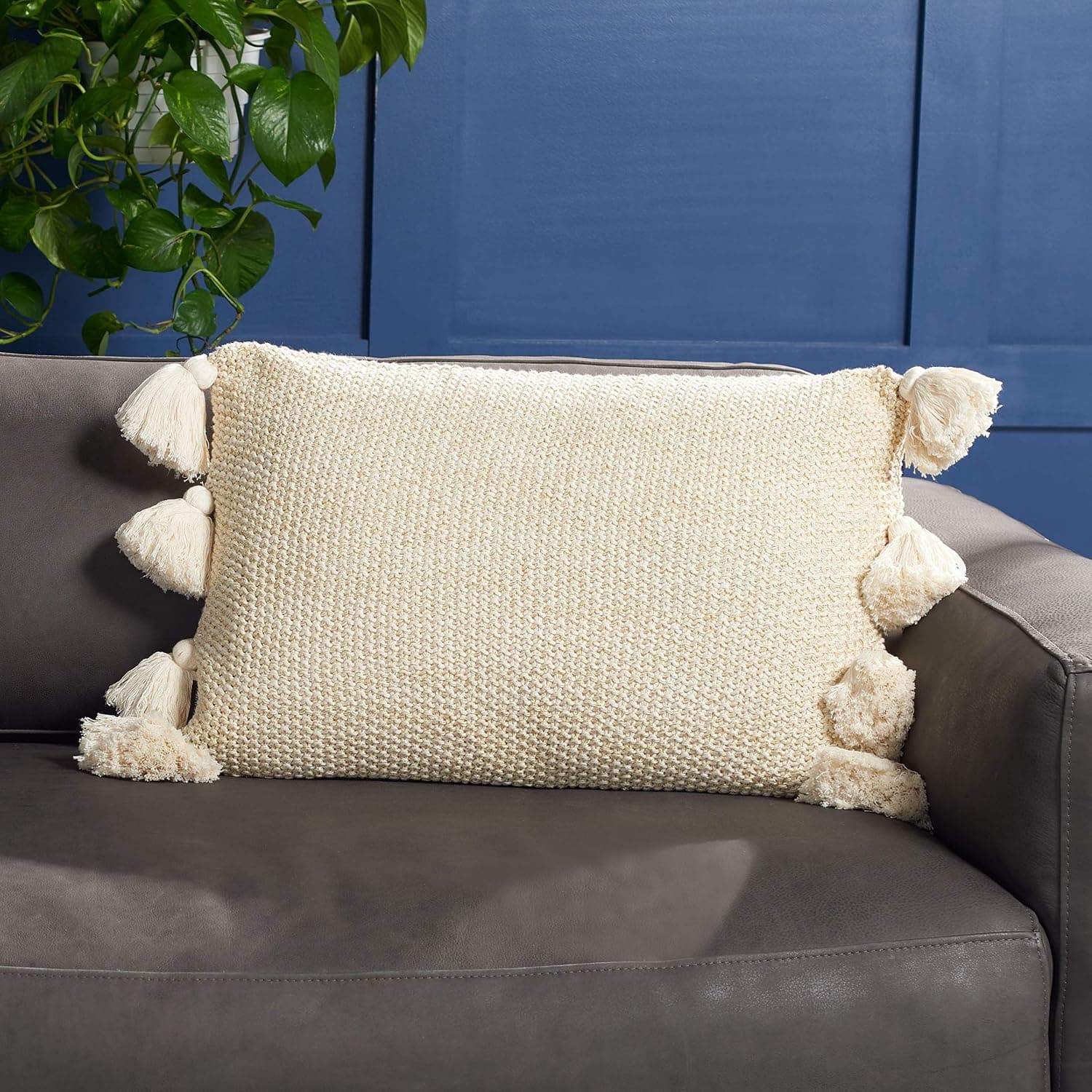 Safavieh Home Collection Mari Beige and Gold 16 x 24-inch Tassel Decorative Throw Pillow, 16" x 24"