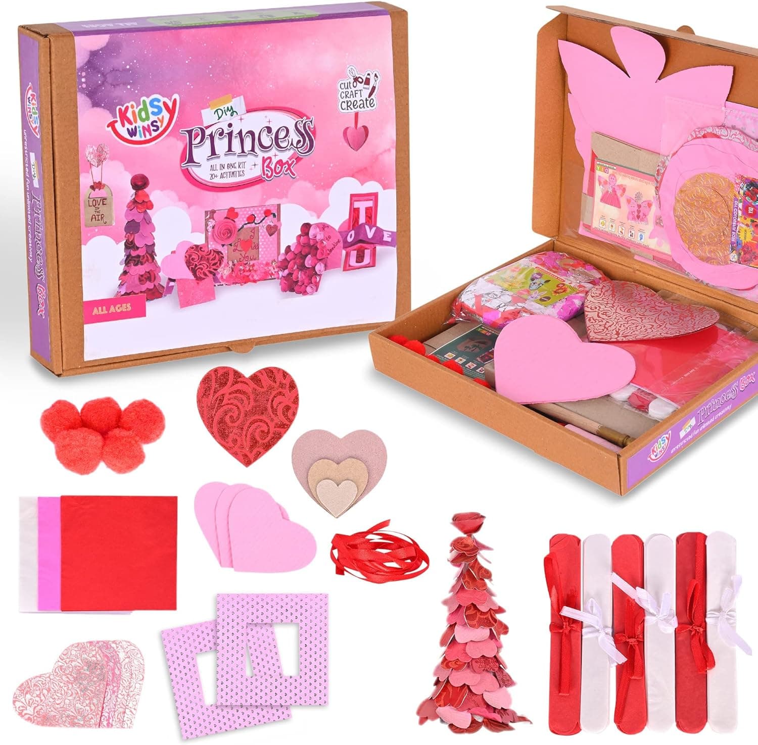KidsyWinsy Craft Kit with Decorative Paper Accessories | Pretty Princess Kit Includes 150 Pcs + Storage Box | Card Making Kit with 20 Unique Creations | Perfect Mothers Day Craft for Kids Bulk