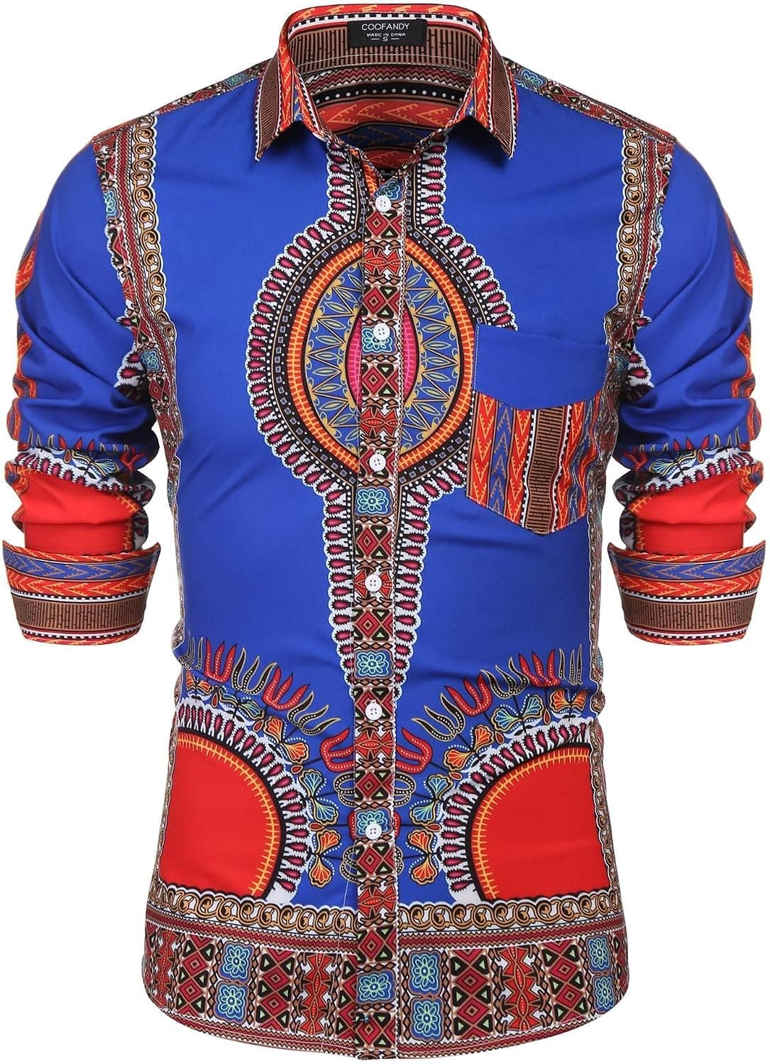 COOFANDY Mens African Print Dashiki Fashion Casual Autumn Dress Shirt, Blue, Medium